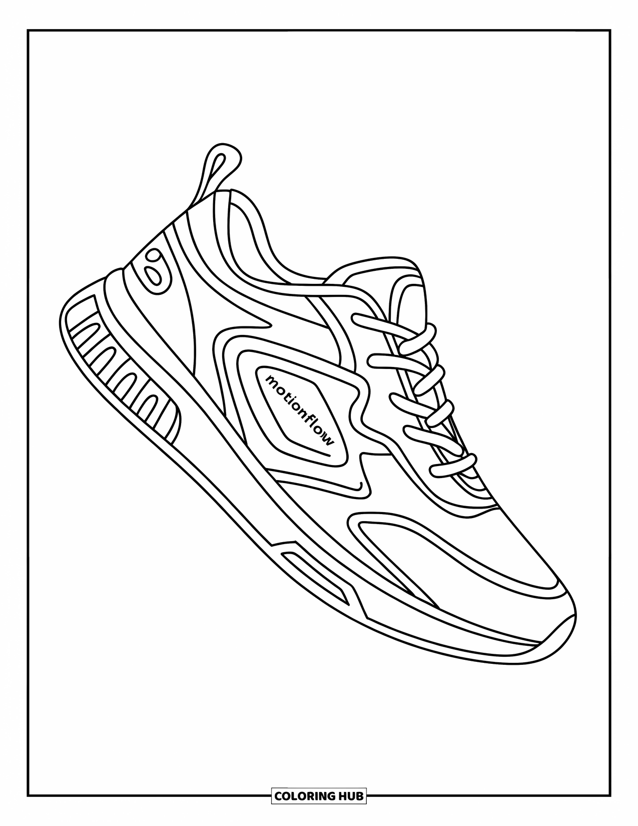 Sneaker Coloring Page for Kids: Dynamic sneaker with "MotionFlow" on the side and bold geometric sole