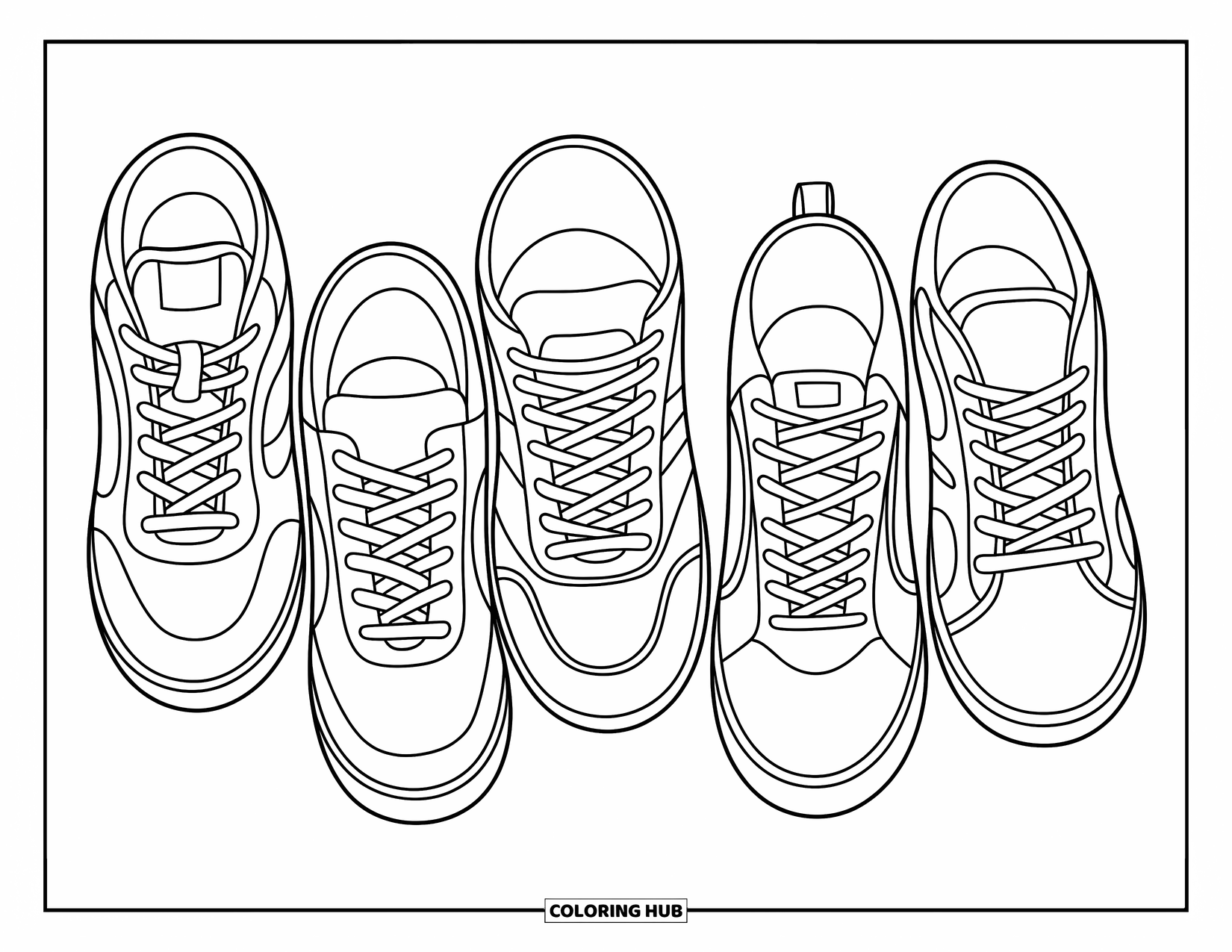 Sneaker Coloring Page for Kids: Five sneakers with street-style lace patterns and edgy textures lined up in style
