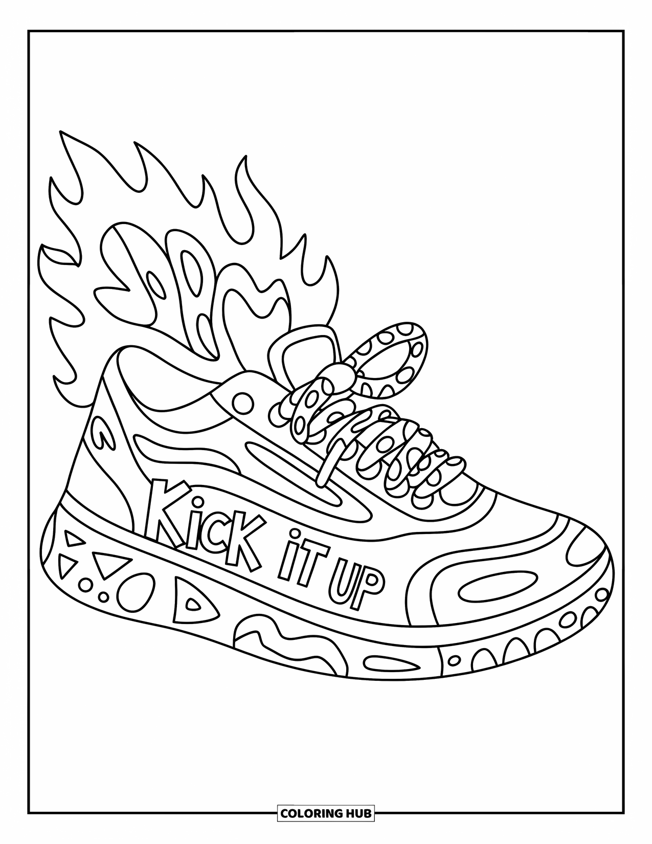 Sneaker Coloring Page for Kids: Flames and patterns race across a bold sneaker with "Kick It Up" on the side