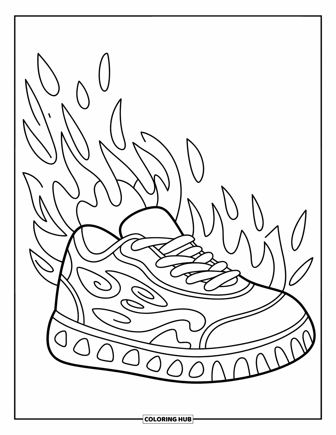 Sneaker Coloring Page for Kids: Flames run down a sneaker with triangle treads and playful grooves on the laces