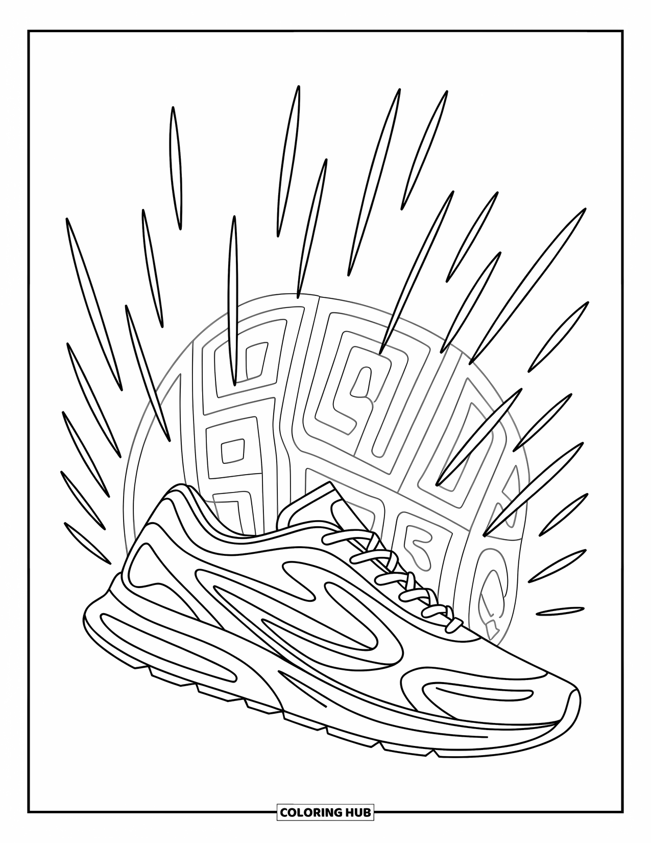 Sneaker Coloring Page for Kids: Mid-air sneaker speeds forward with bold curves and a city-like backdrop behind