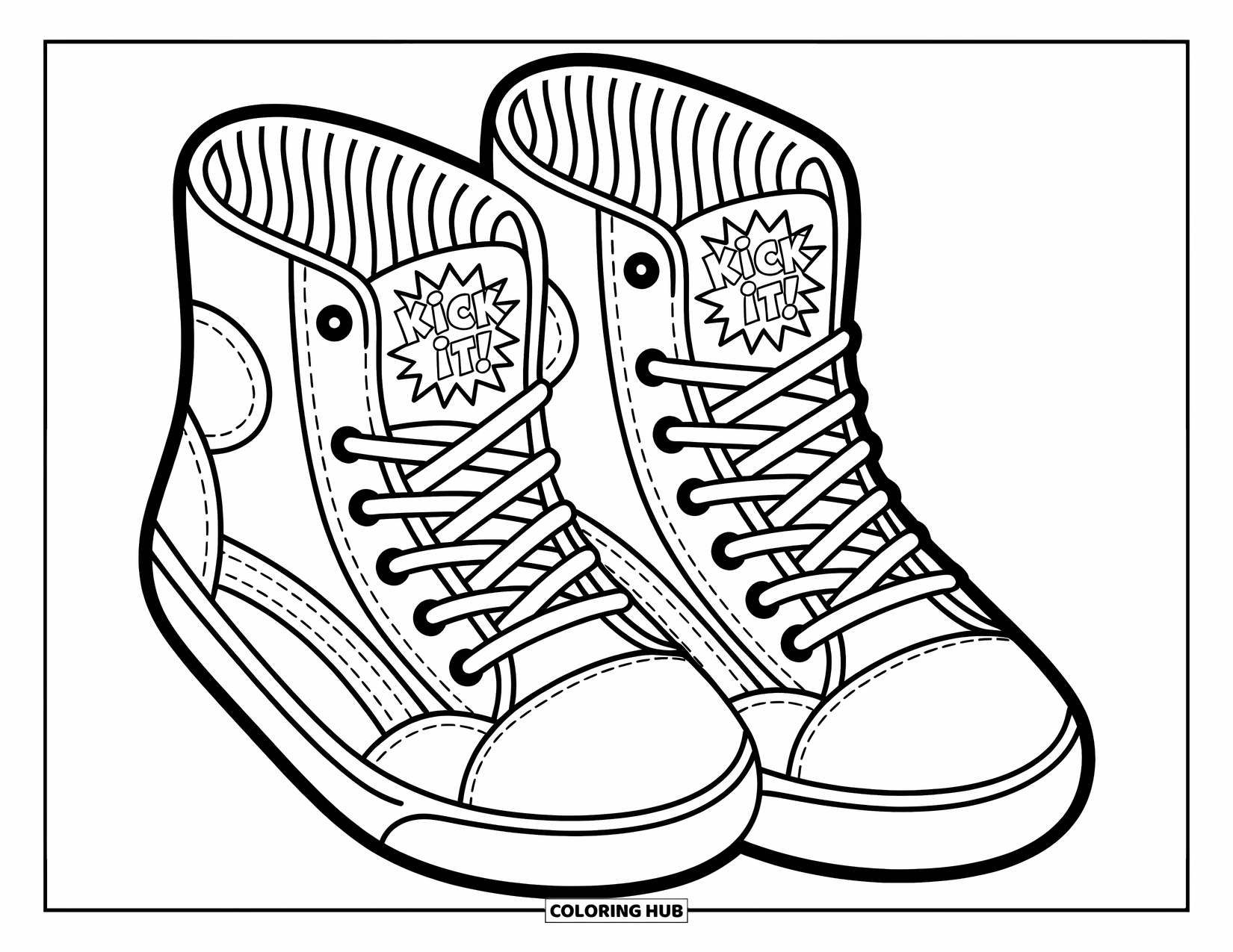 Sneaker Coloring Page for Kids: Socks peek from crisscrossed sneakers with a fun "Kick It!" tag on the tongue
