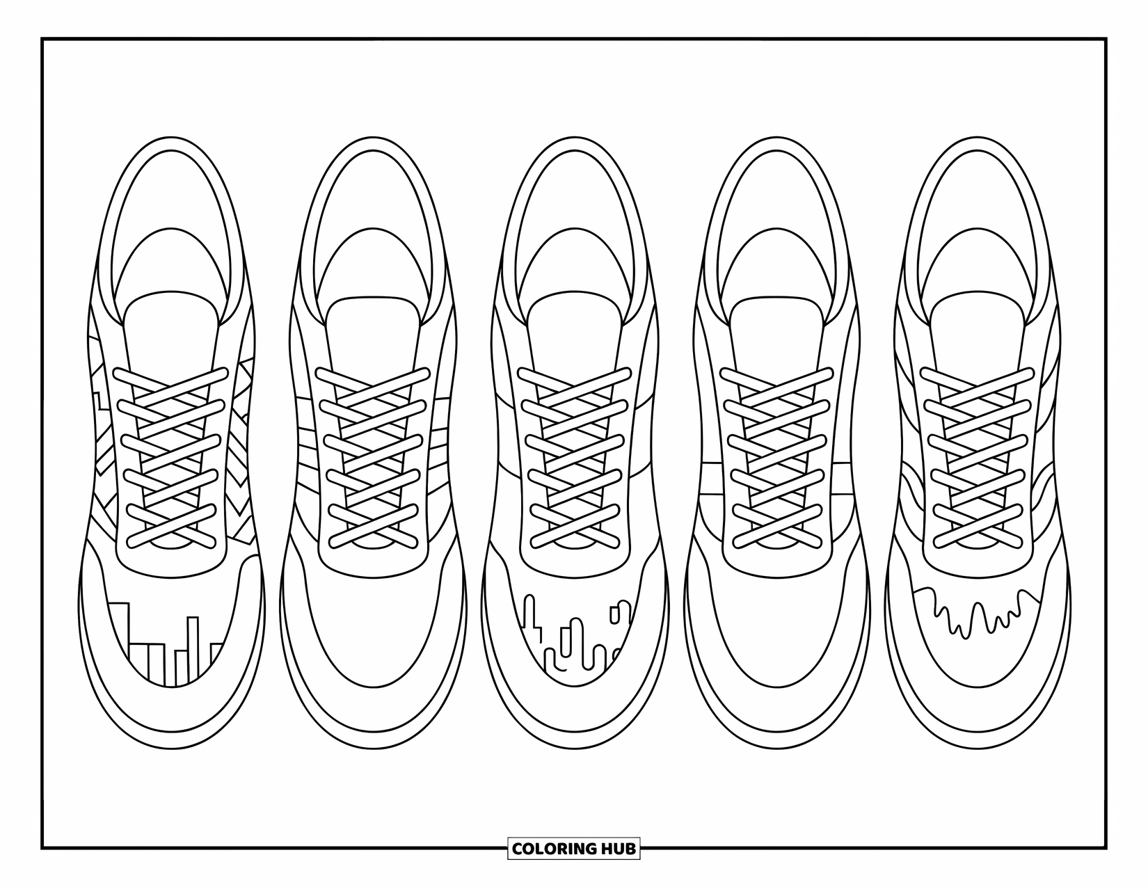 Sneaker Coloring Page for Kids: Trendy sneakers lined up with splashes, stripes, and even a tiny city skyline
