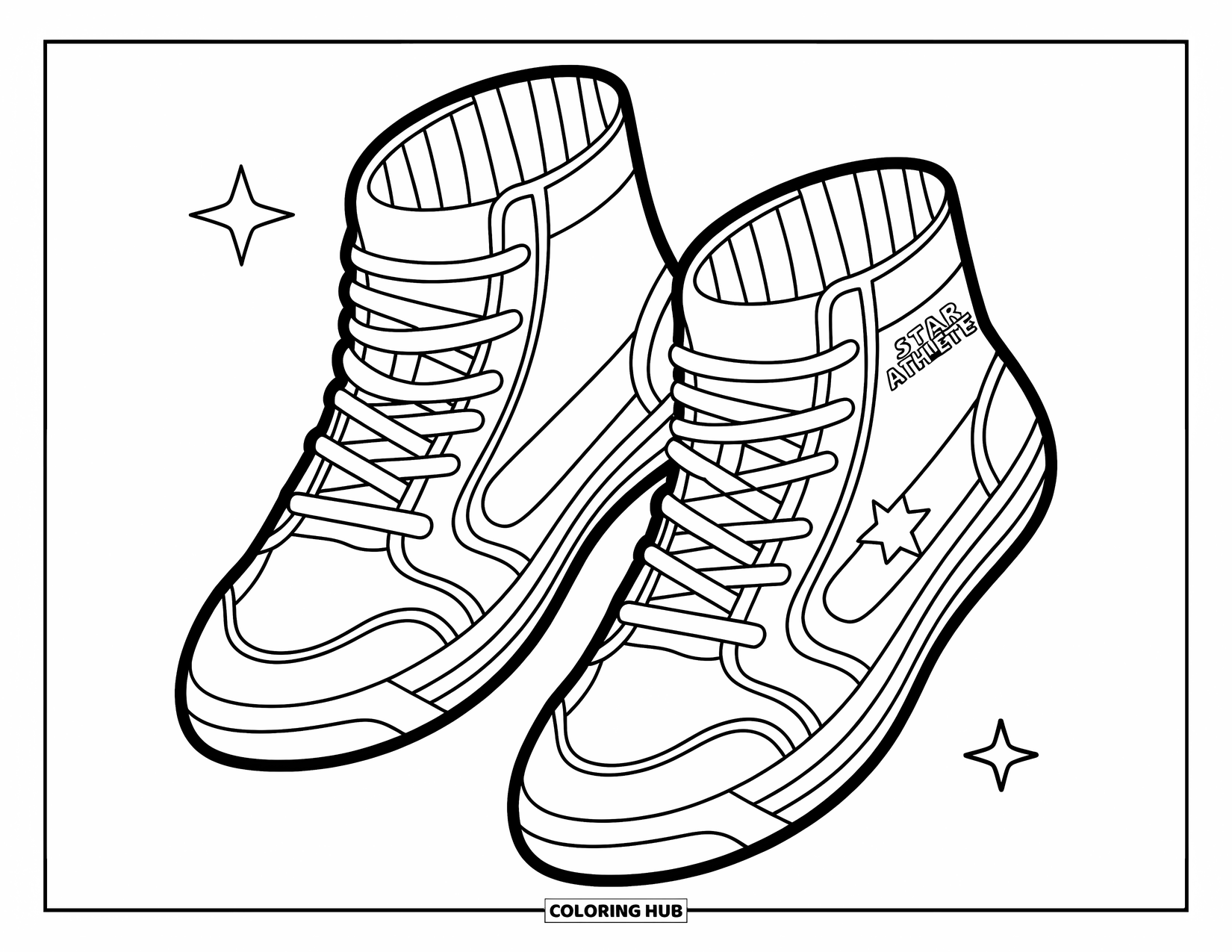 Sneaker Coloring Page for Kids: Two sneakers with socks peek out, surrounded by stars and a "Star Athlete" tag