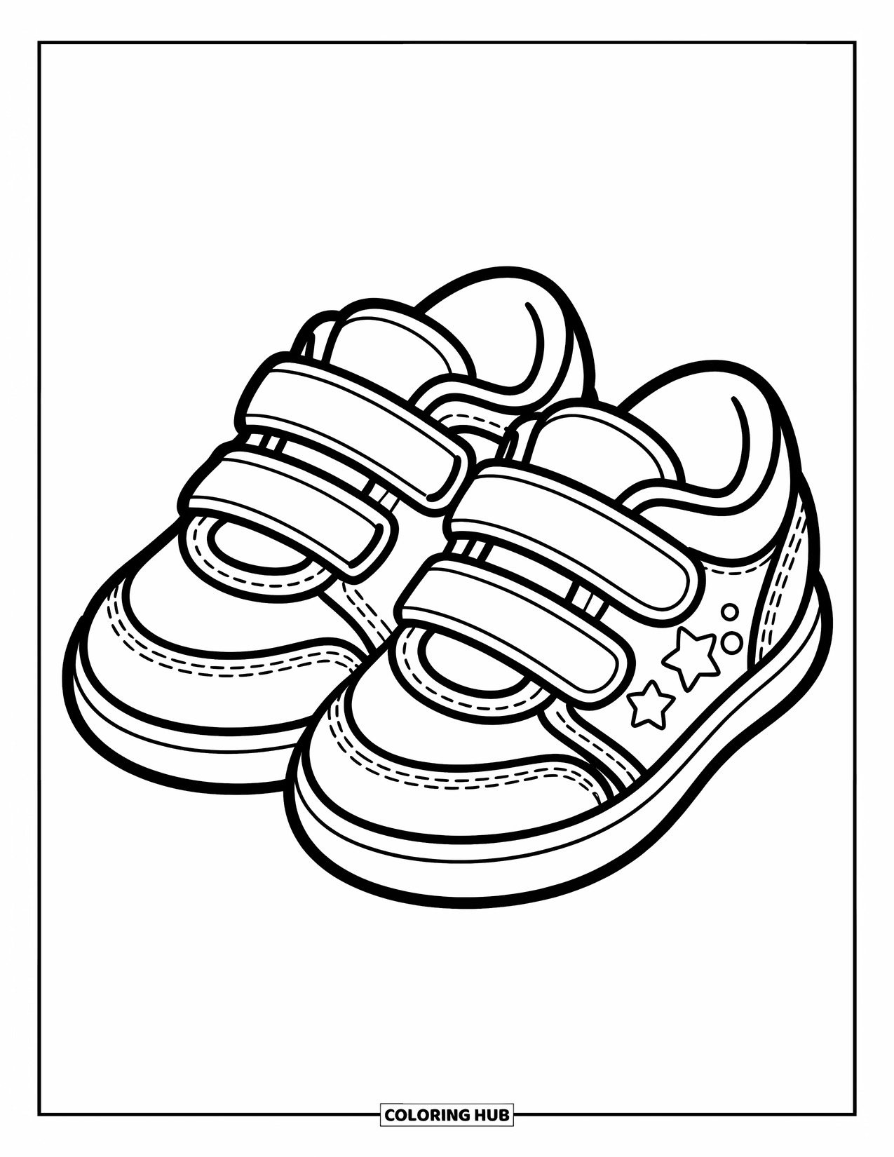 Sneaker Coloring Page for Kids: Two velcro sneakers side by side with stars and polka dots on the straps