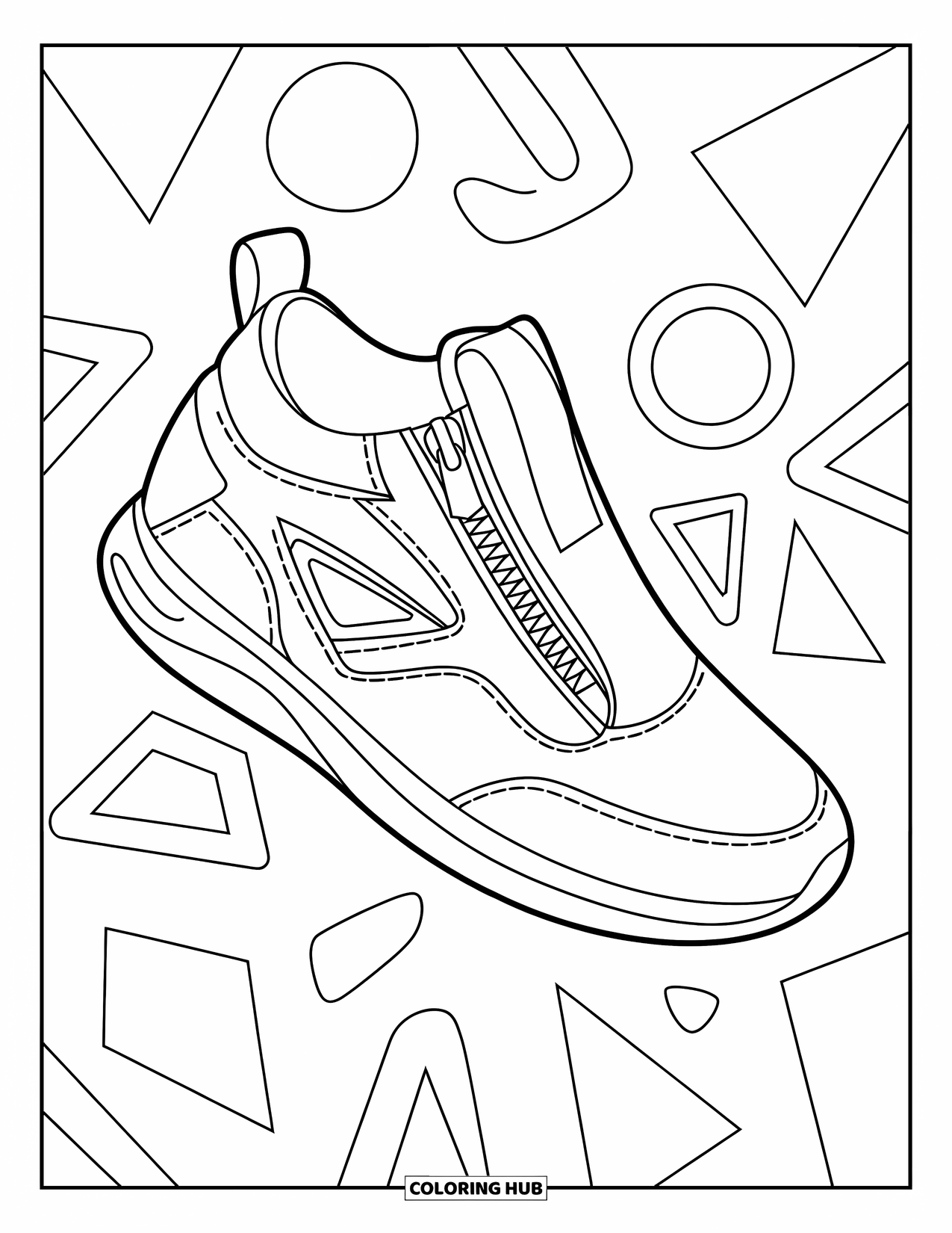 Sneaker Coloring Page for Kids: Zippers, shapes, and a "Style Forward" tag give this sneaker a fashion-forward edge