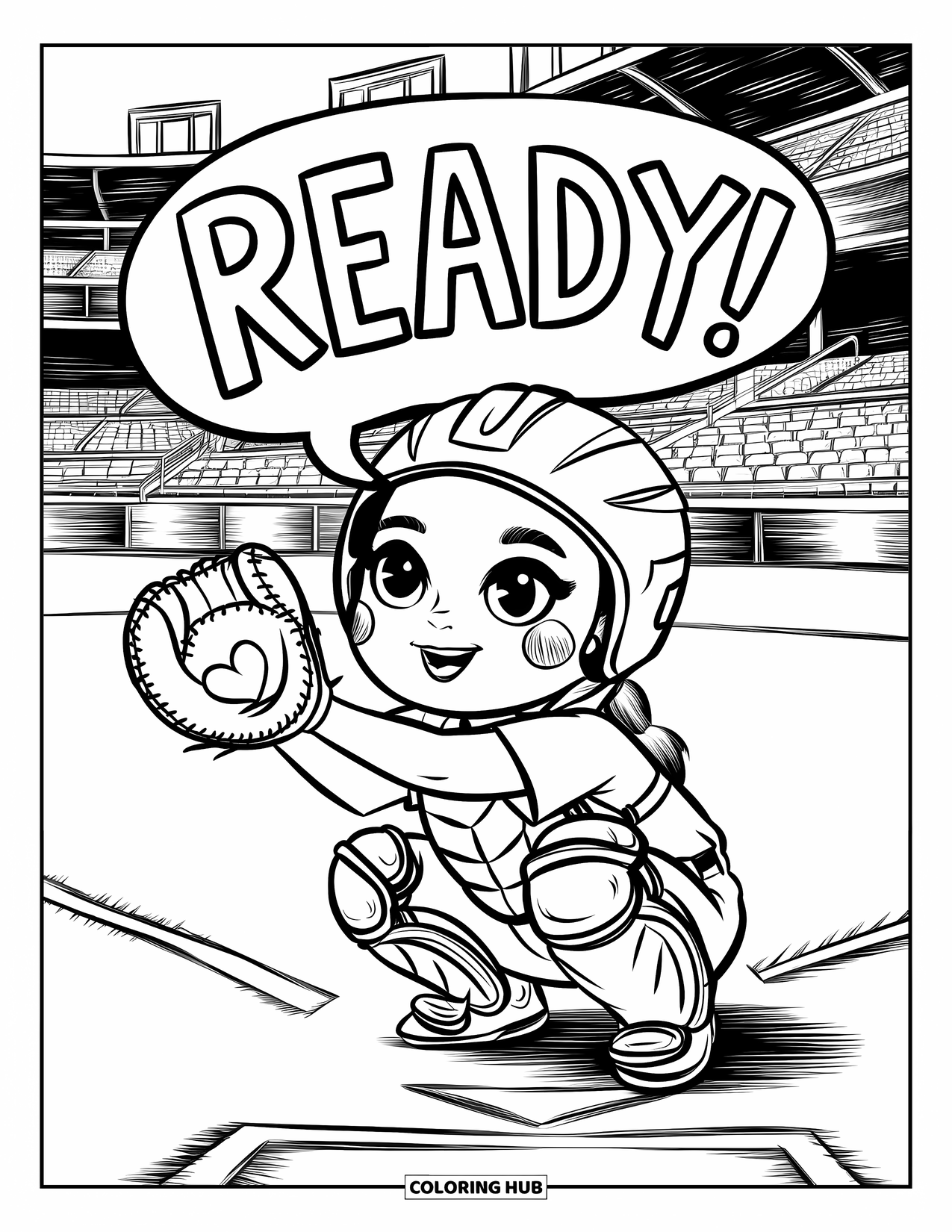 Softball Coloring Page for Adults: A blushing catcher crouches with a heart mitt and says "Ready!" by home plate