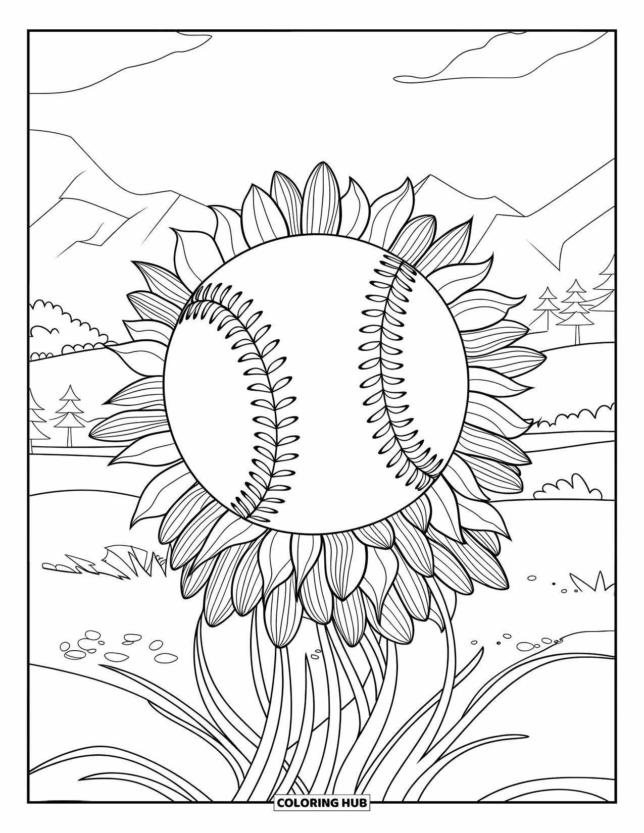 Softball Coloring Page for Adults: A central softball transforms into flowers against a peaceful mountain and tree landscape