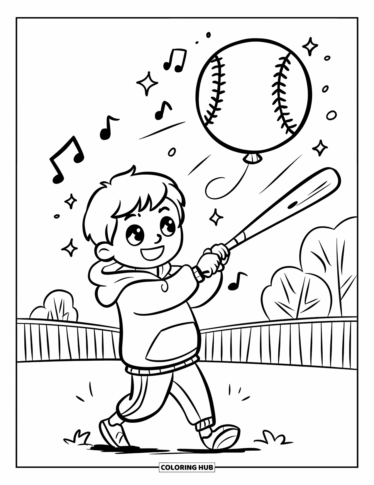 Softball Coloring Page for Adults: A cheerful boy swings at a floating softball with sparkles and notes in the air