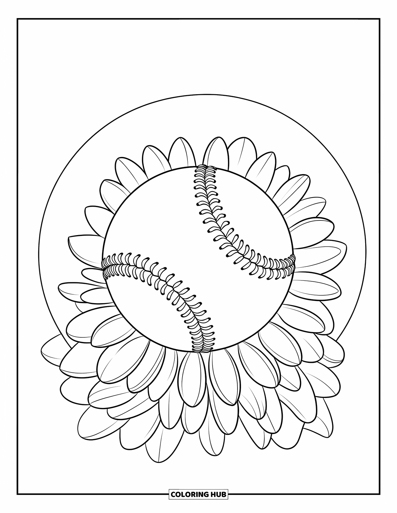 Softball Coloring Page for Adults: A circular burst of petals surrounds a softball morphing into blooming flowers