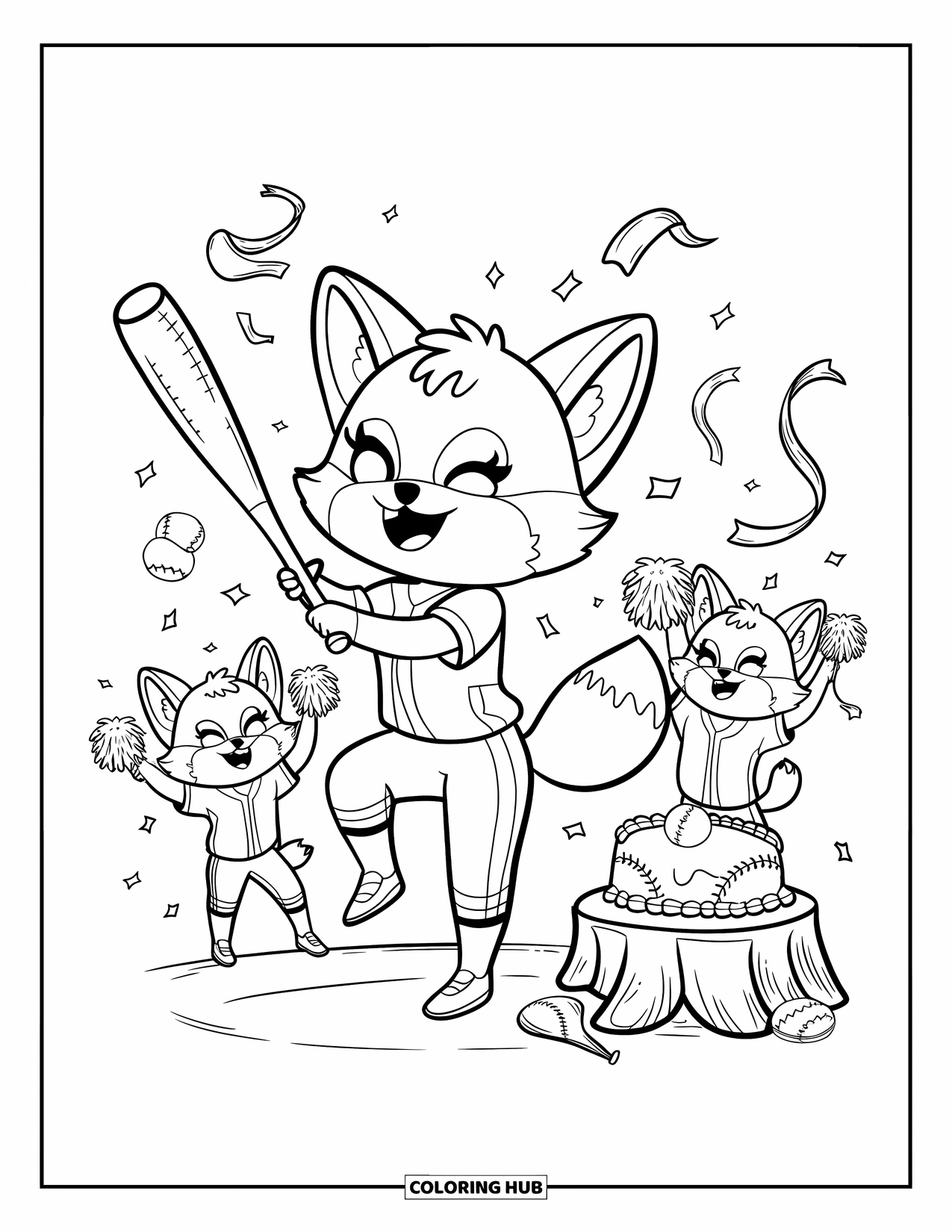 Softball Coloring Page for Adults: A fox twirls a bat joyfully as teammates cheer near a cake and falling confetti