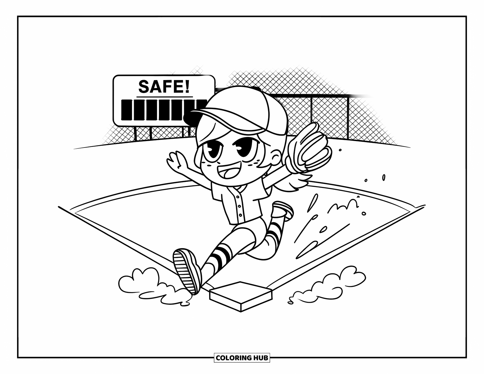 Softball Coloring Page for Adults: A girl with raised arms slides into base with puff clouds and a "Safe!" scoreboard