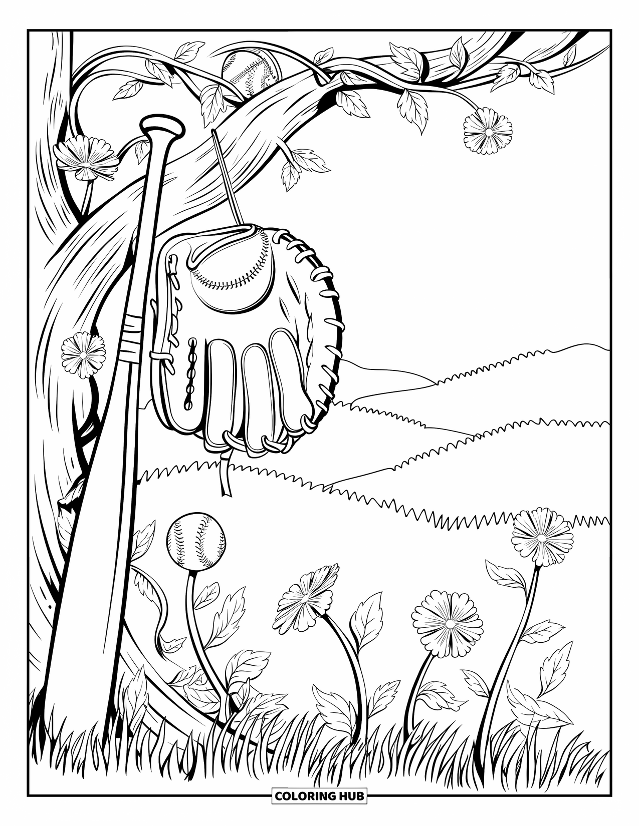 Softball Coloring Page for Adults: A glove hangs from a tree branch with a bat below and vines blooming around
