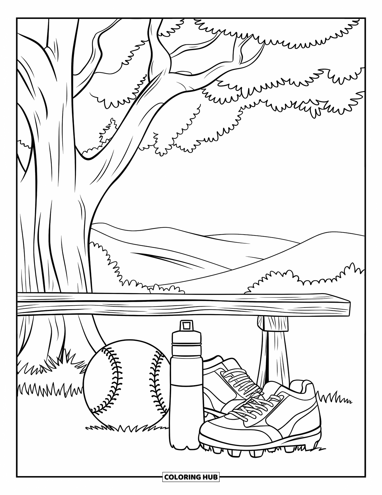 Softball Coloring Page for Adults: A peaceful tree scene with cleats, a softball, and a bench in the shade