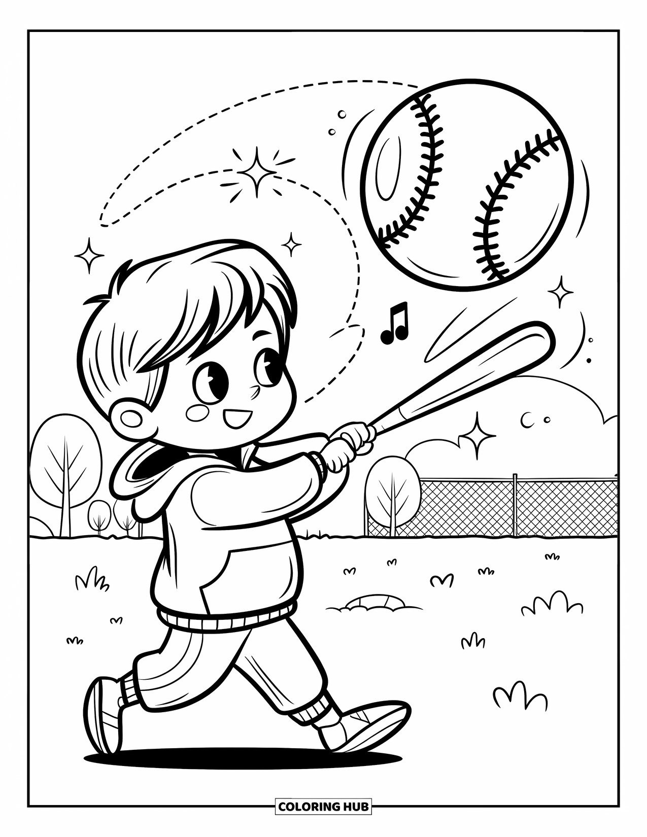 Softball Coloring Page for Adults: A smiling boy swings at a balloon-shaped ball with sparkles and music around him