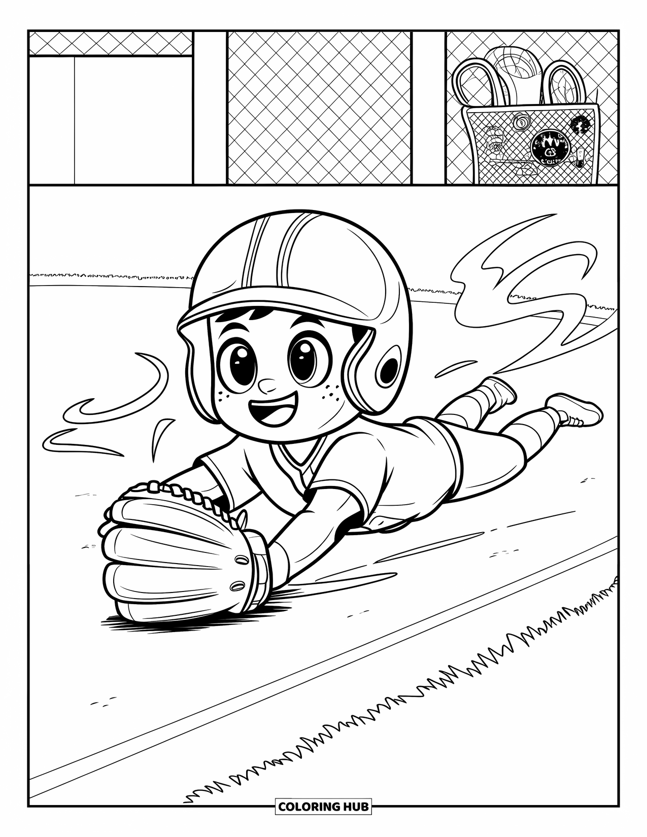 Softball Coloring Page for Adults: A smiling shortstop dives across the field with motion lines and a gloved bag nearby