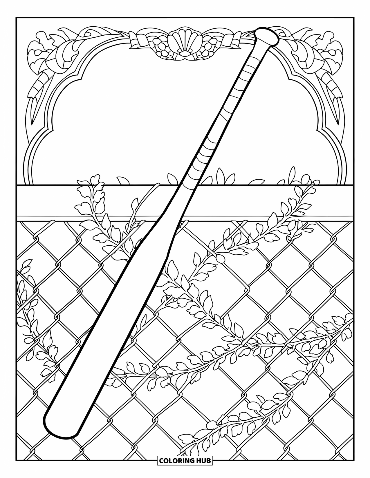 Softball Coloring Page for Adults: A softball bat leans on an ivy-covered fence wrapped in decorative patterns
