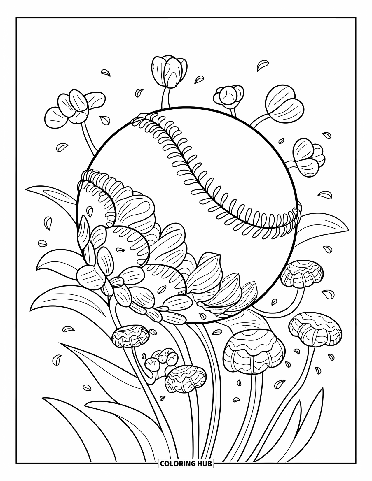 Softball Coloring Page for Adults: A softball blooms into flowers with petals flowing outward in an elegant design