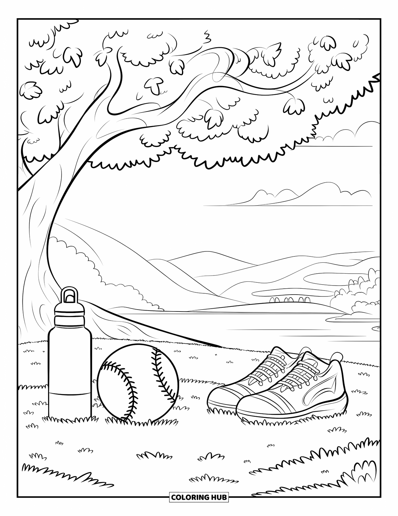 Softball Coloring Page for Adults: A softball, cleats, and bottle lie beneath a tree near water and mountains
