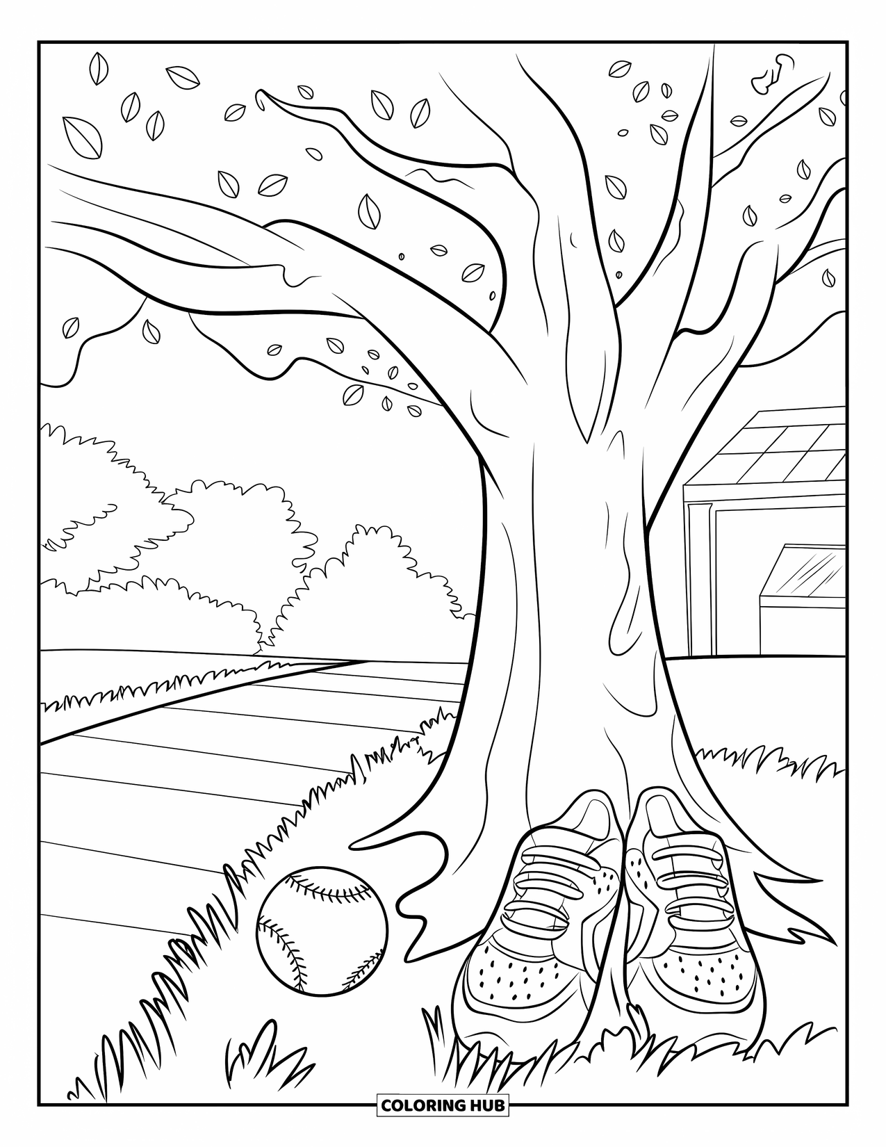 Softball Coloring Page for Adults: A softball, cleats, and water bottle rest peacefully under a wide tree