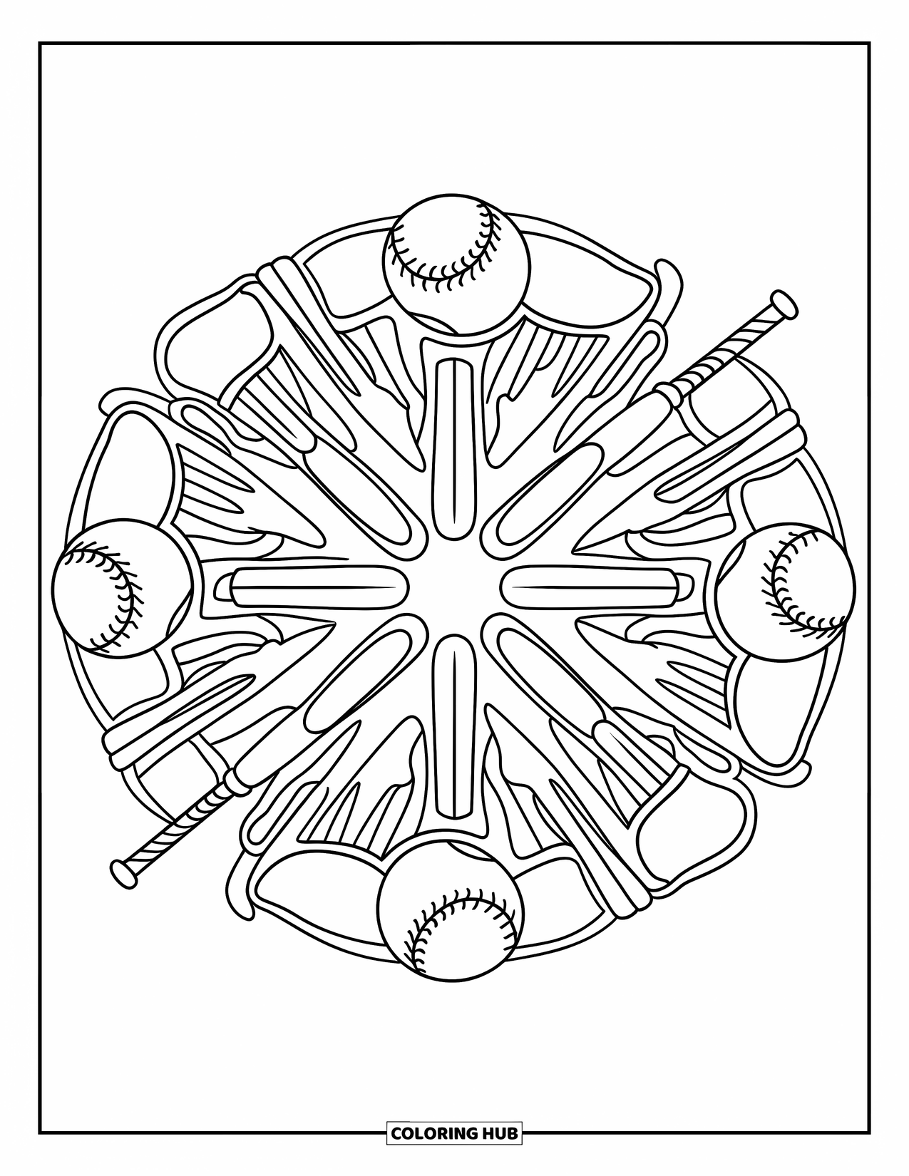 Softball Coloring Page for Adults: An intricate mandala of softball equipment arranged in calm, balanced symmetry