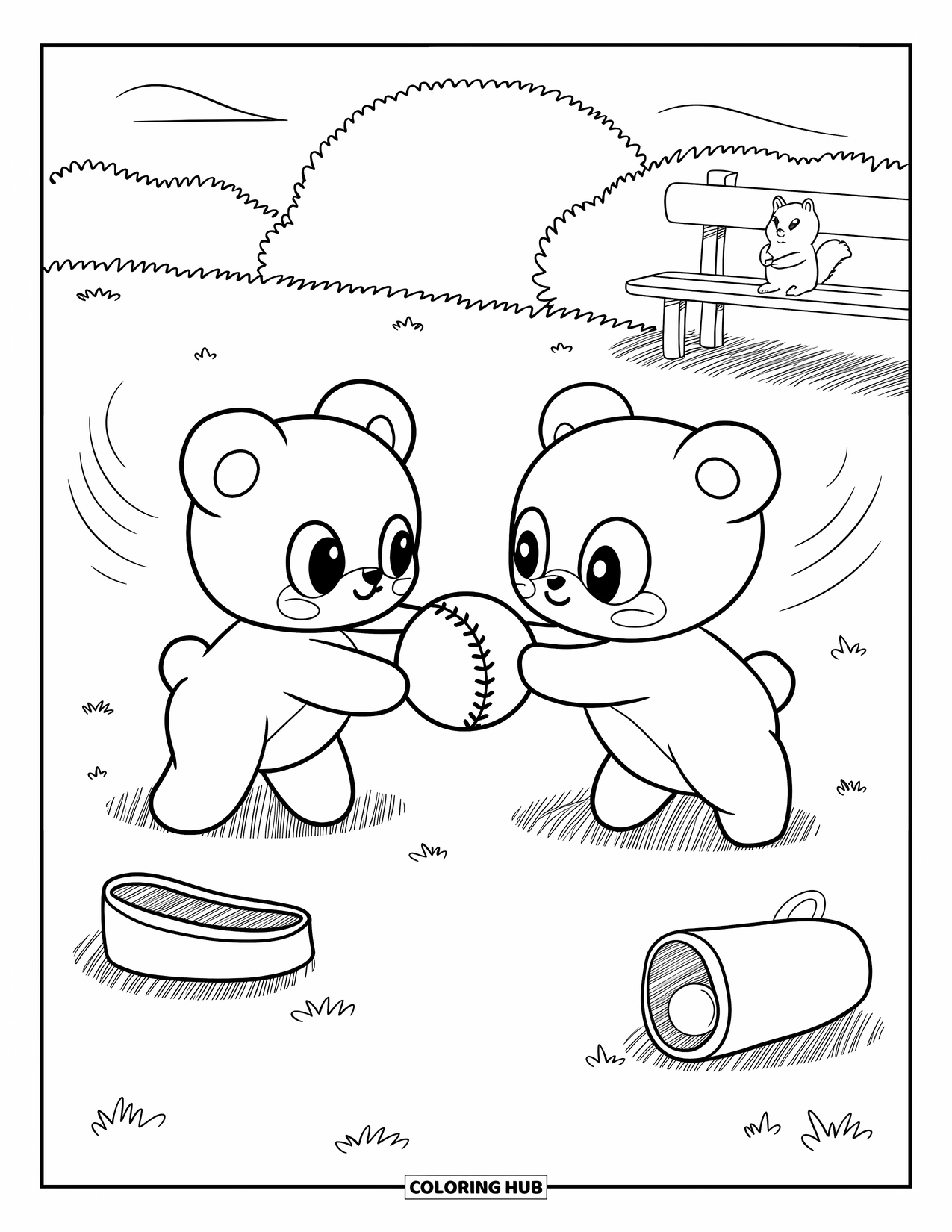 Softball Coloring Page for Adults: Bear cubs play catch in a breezy field while a squirrel sits nearby watching