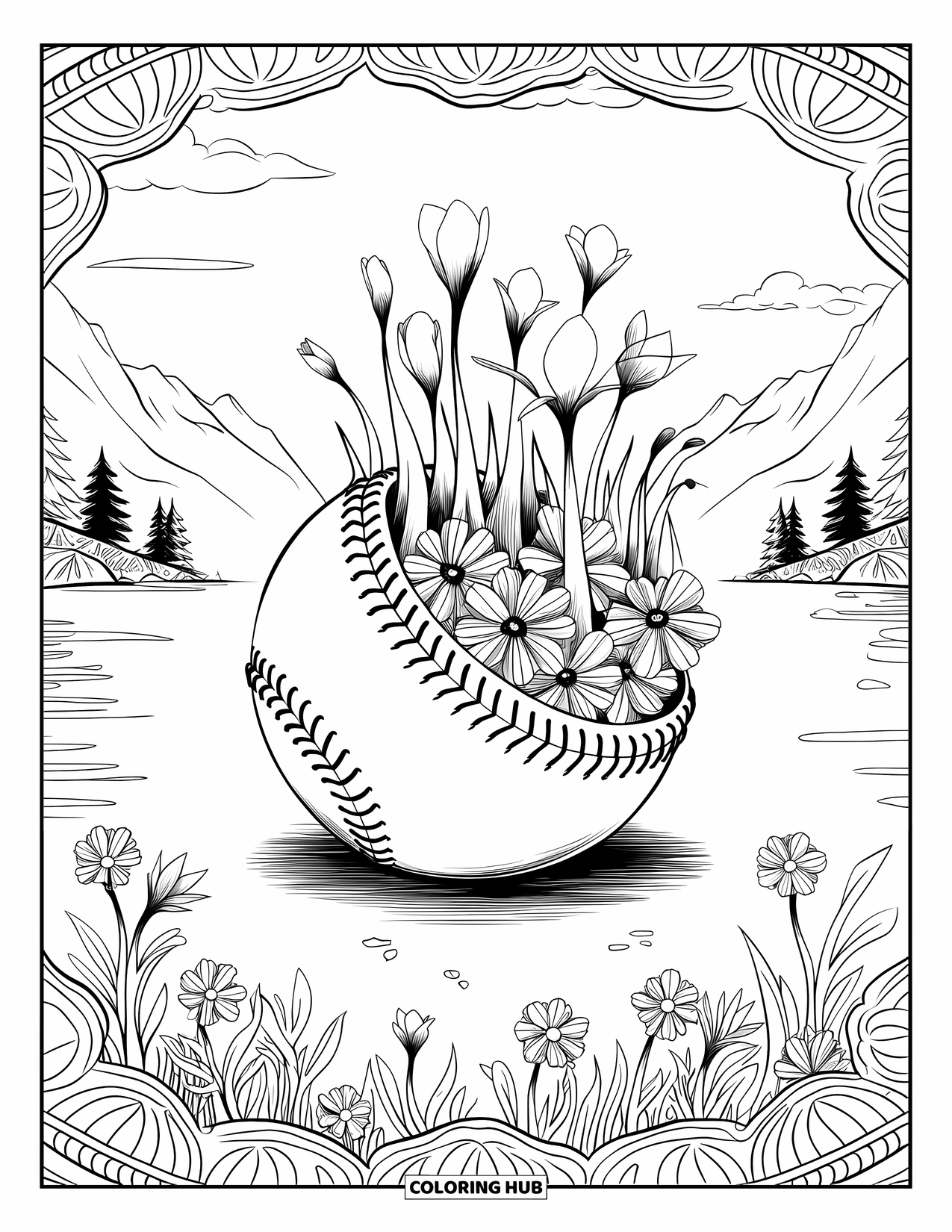 Softball Coloring Page for Adults: Petals sprout from a softball in a mandala-style floral and nature scene