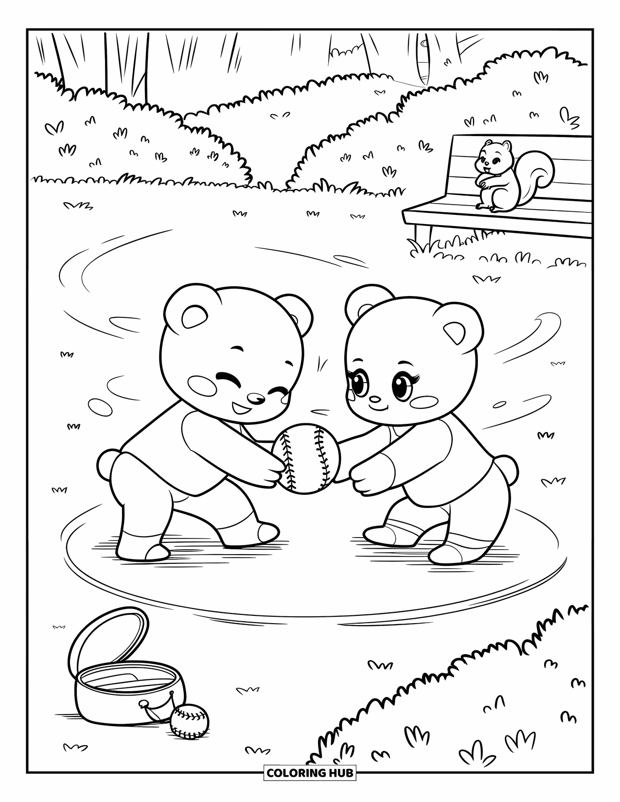 Softball Coloring Page for Adults: Playful bear cubs toss a ball in the breeze while a squirrel watches from a bench