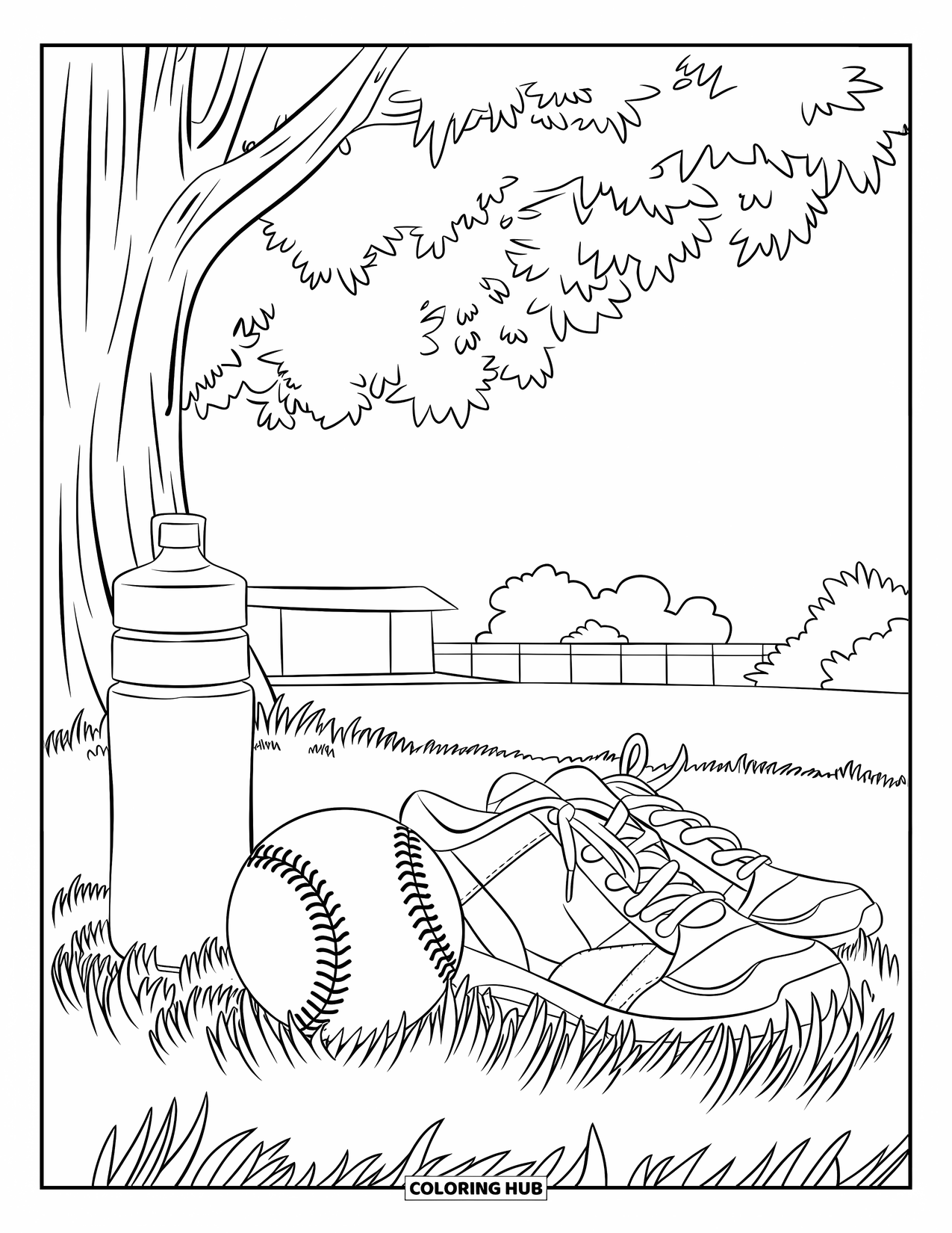 Softball Coloring Page for Adults: Under a leafy tree, a softball, cleats, and bottle sit in quiet relaxation