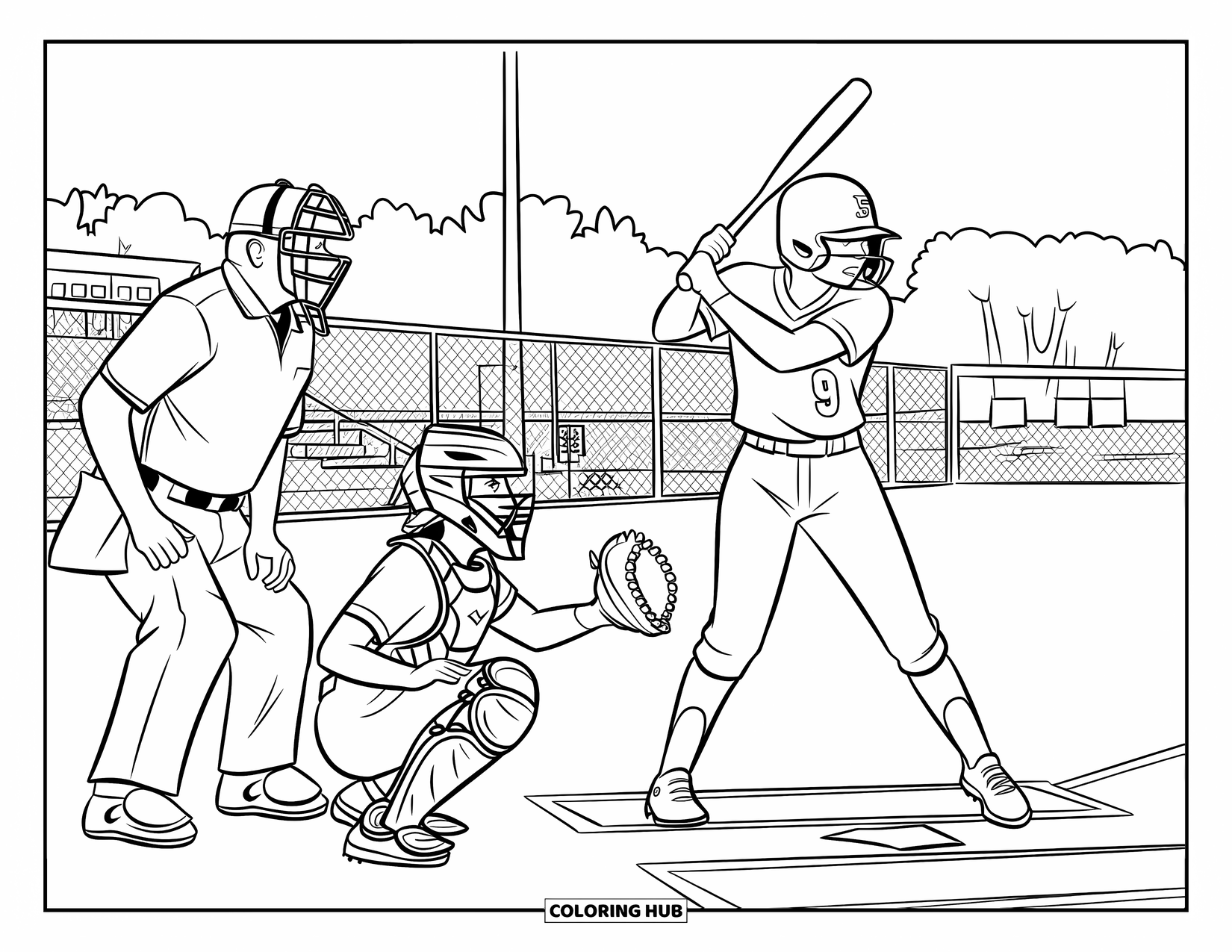 Softball Coloring Page for Kids: A batter and catcher face off at home plate while an umpire watches closely