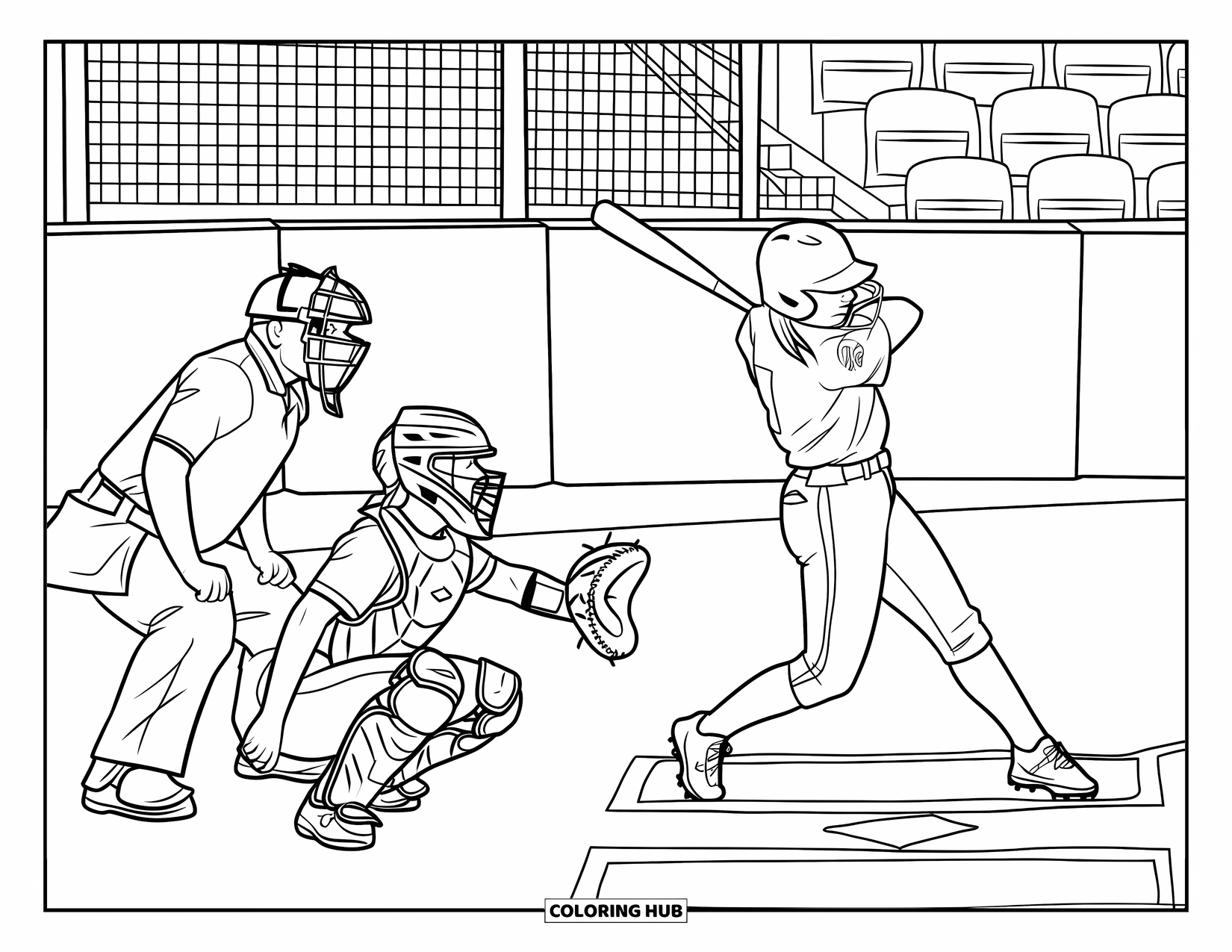 Softball Coloring Page for Kids: A batter swings at home as the catcher and umpire stay focused behind the plate