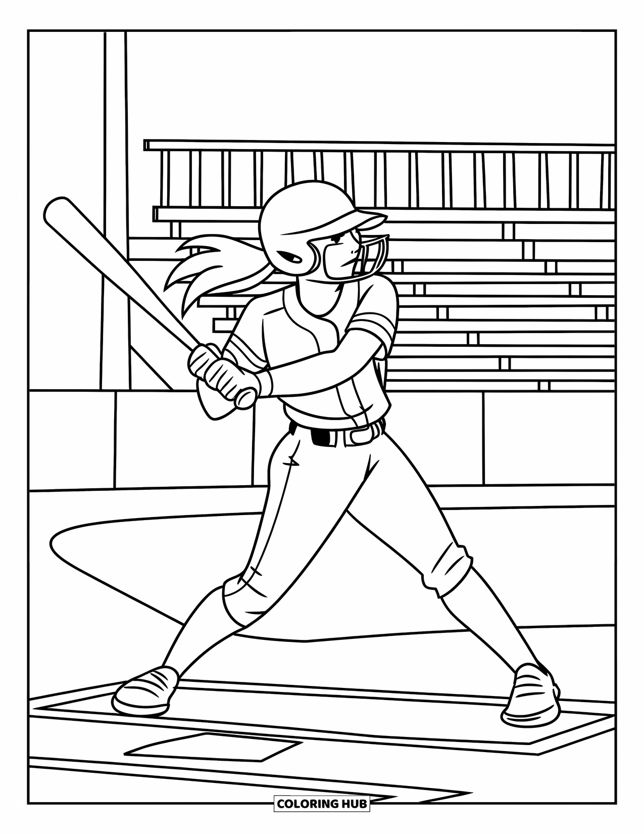 Softball Coloring Page for Kids: A batter swings with focus as her hair flows and the stadium looms behind