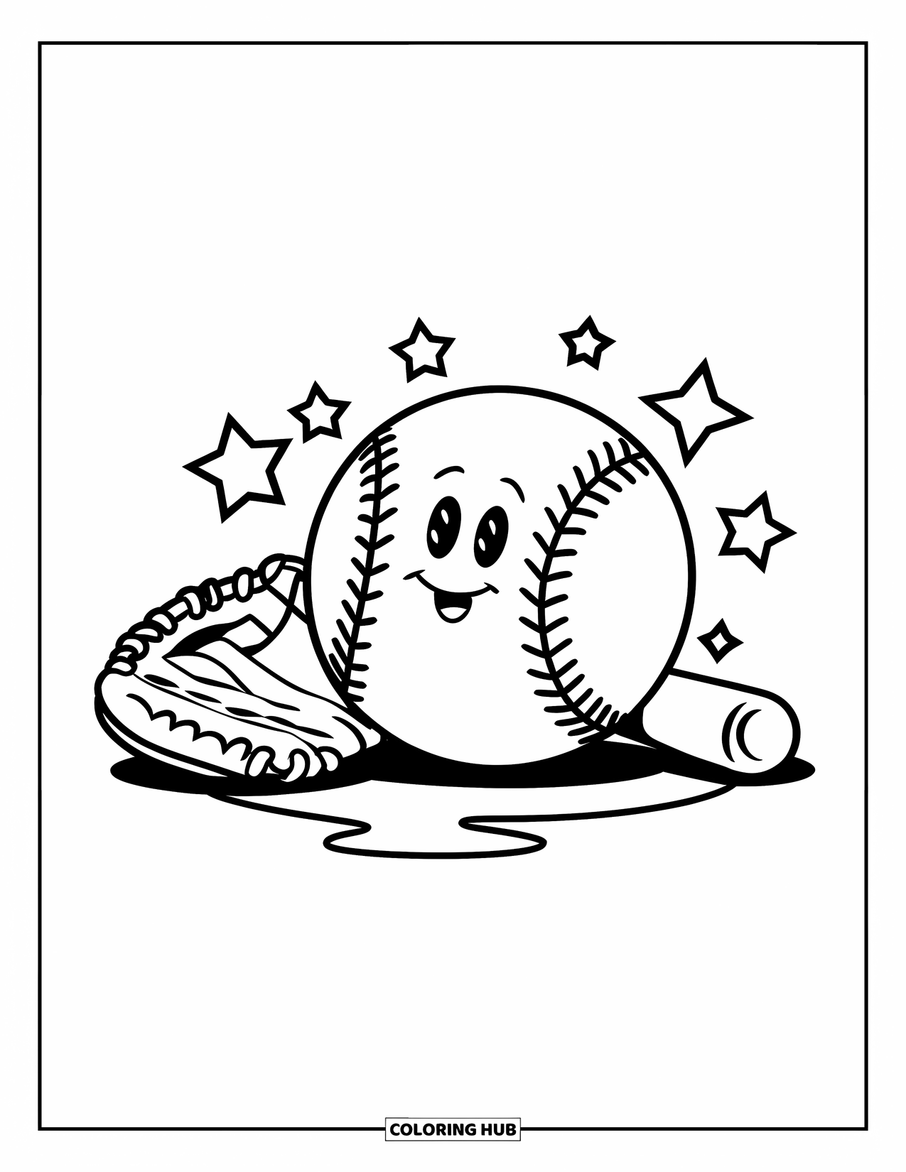 Softball Coloring Page for Kids: A big softball glows with stars near a glove and bat in a playful setup