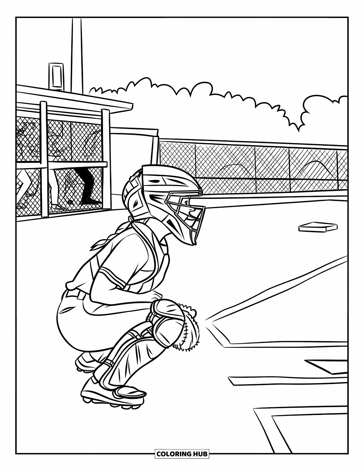 Softball Coloring Page for Kids: A catcher crouches behind home plate, ready to receive the pitch