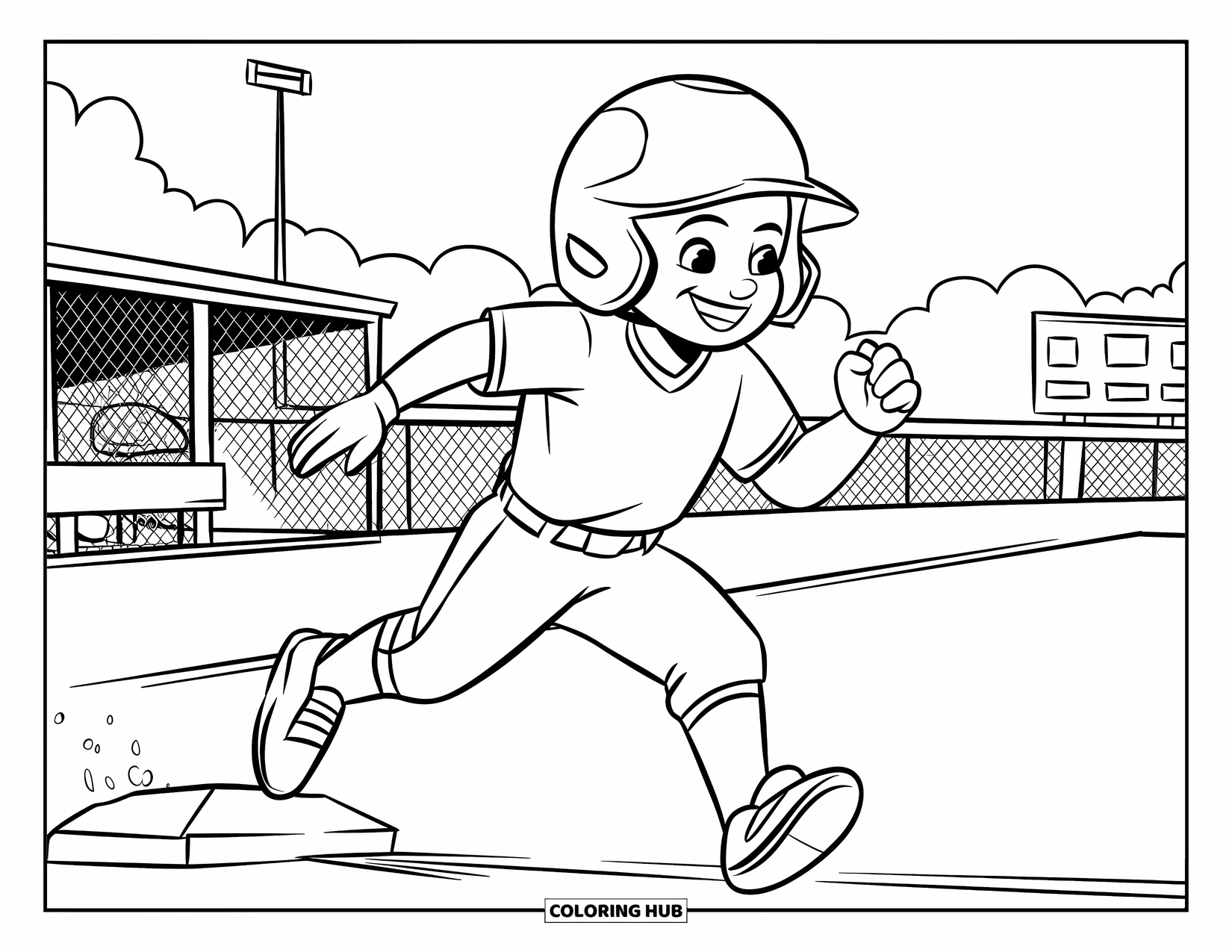 Softball Coloring Page for Kids: A cheerful player dashes toward first as the game unfolds behind the fence