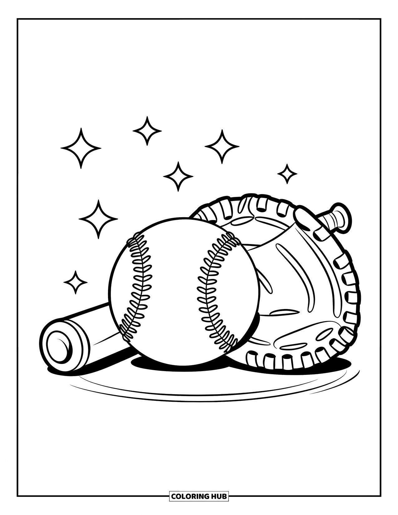 Softball Coloring Page for Kids: A cheerful softball sits near a bat and glove, surrounded by stars