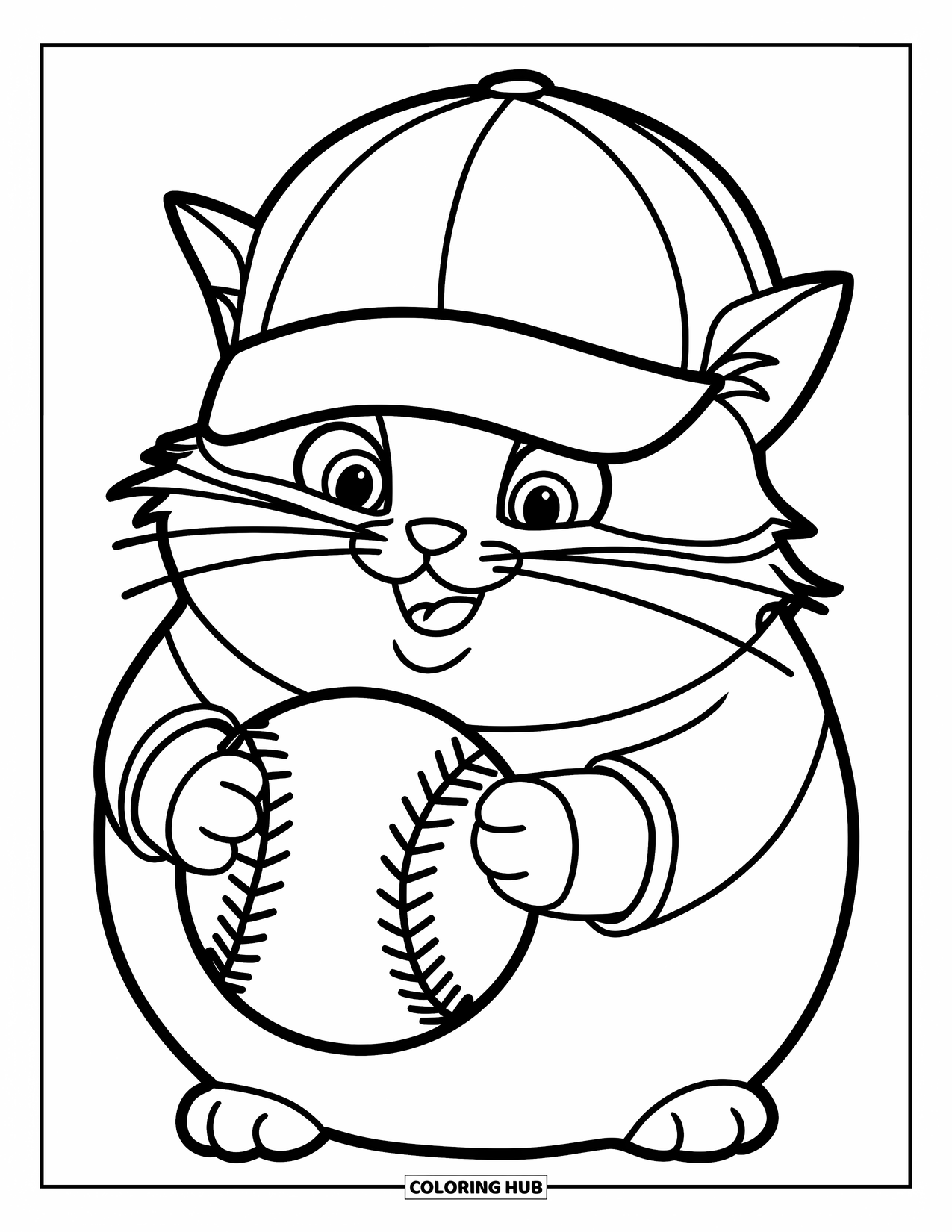 Softball Coloring Page for Kids: A chubby cat in a cap holds a ball and smiles proudly