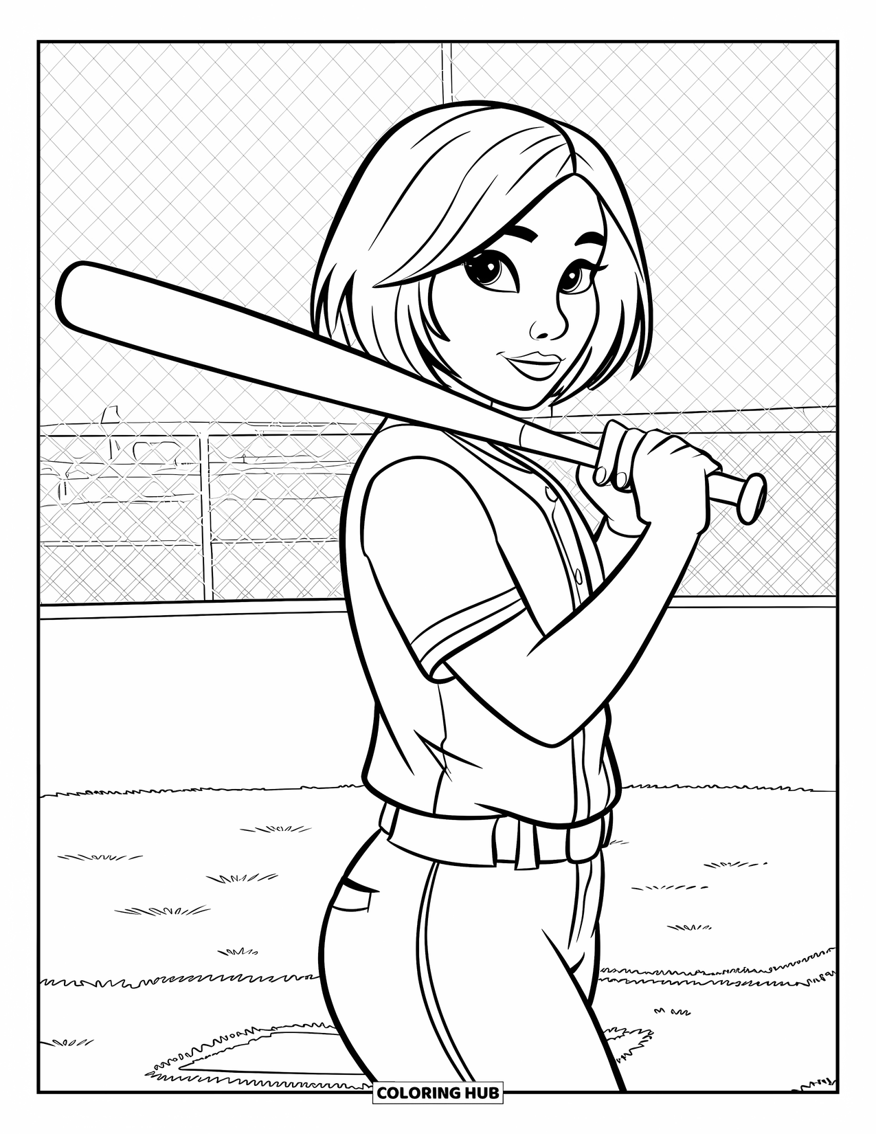 Softball Coloring Page for Kids: A confident teen walks toward the plate with a bat resting on her shoulder