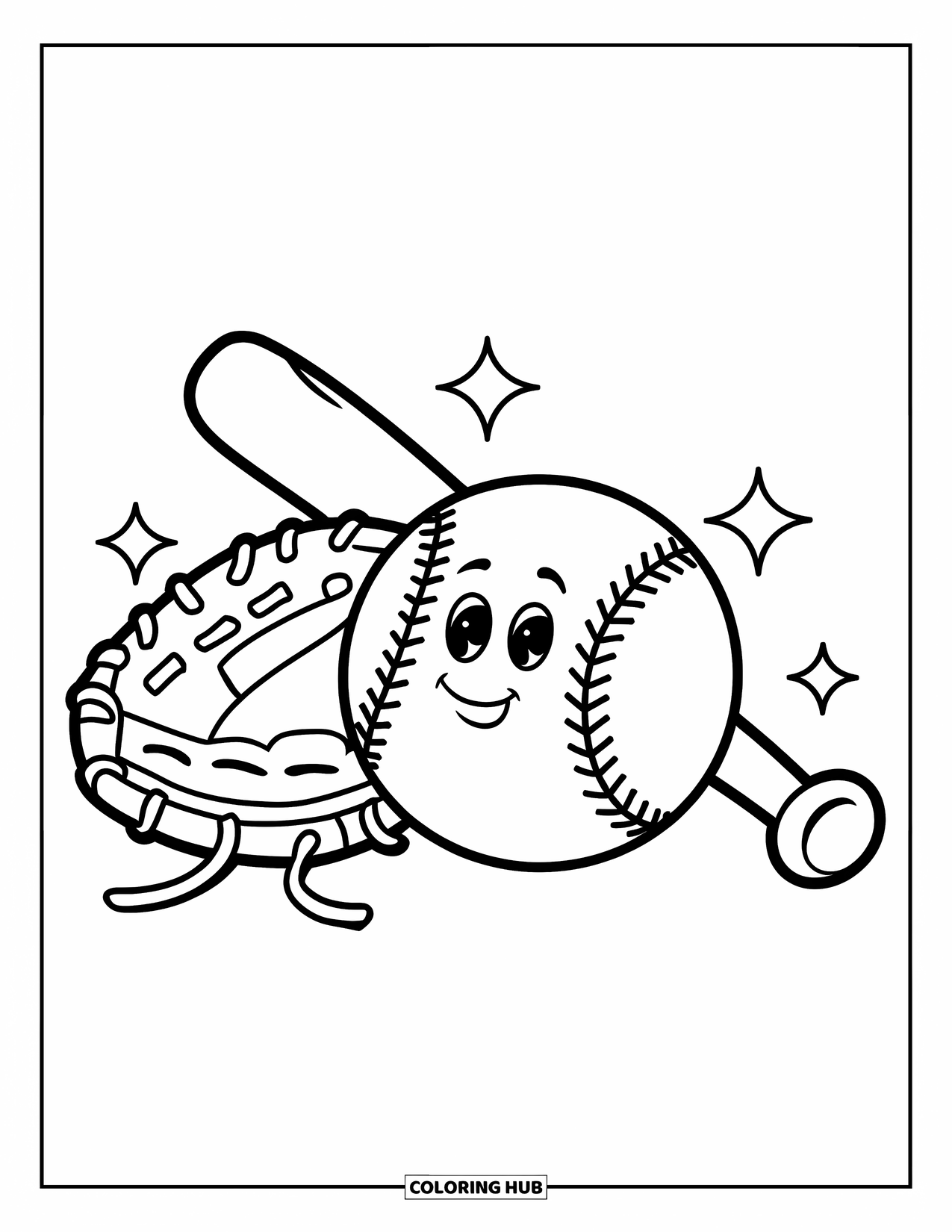 Softball Coloring Page for Kids: A friendly softball with stars rests next to a glove and bat