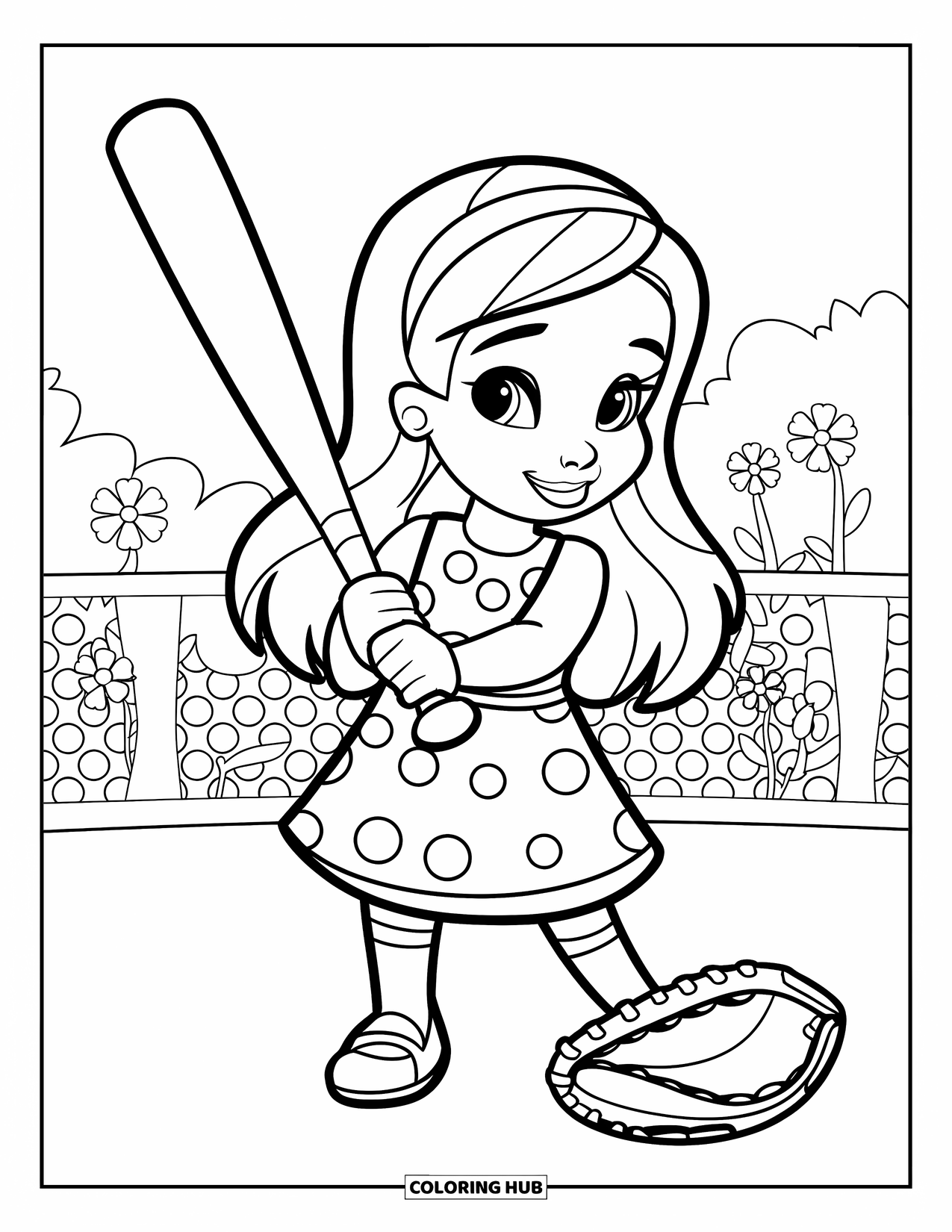 Softball Coloring Page for Kids: A girl with a bat smiles at a glove near flowers and a fence