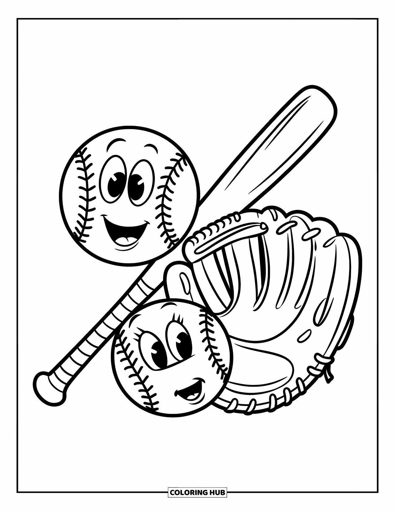 Softball Coloring Page for Kids: A happy bat, glove, and ball with cartoon faces sit side by side