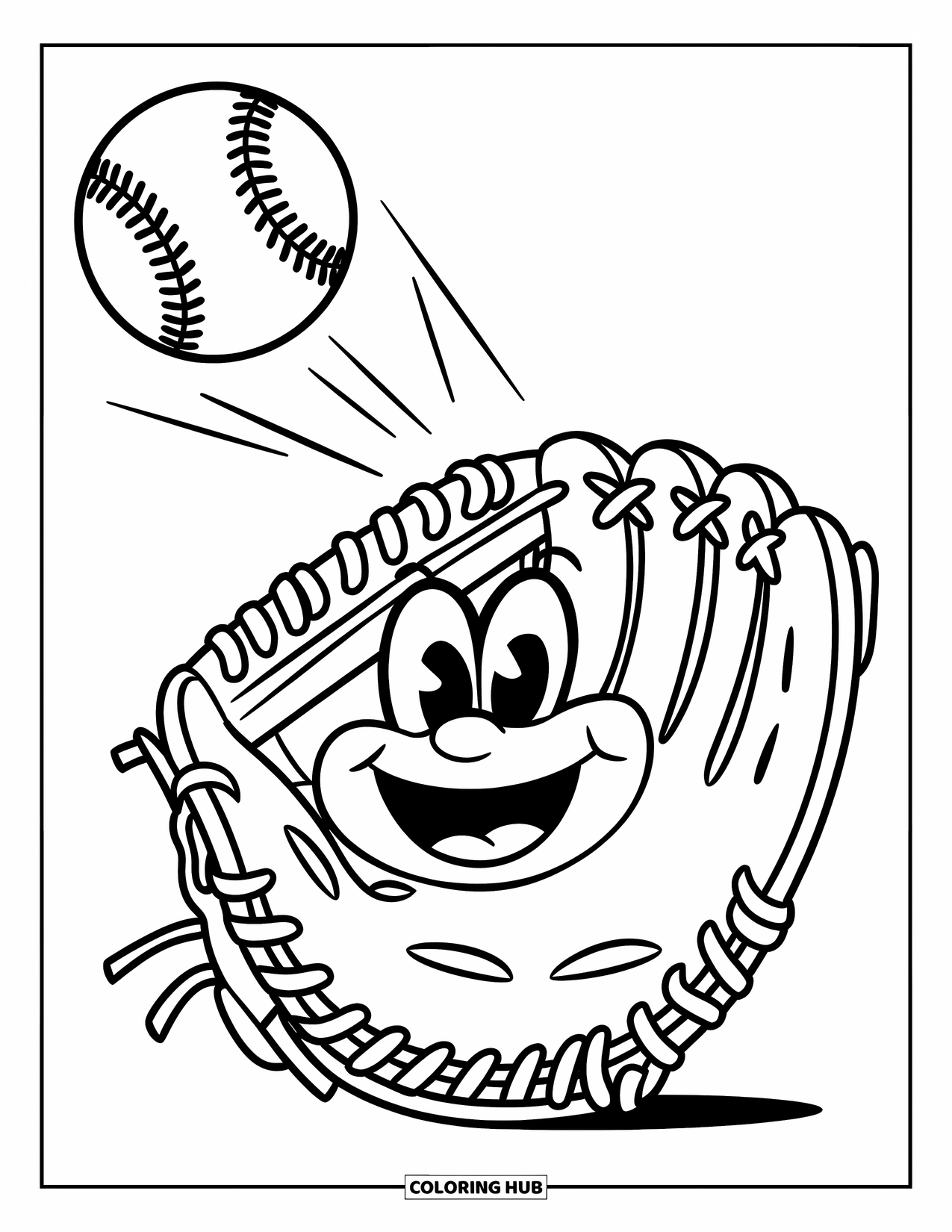 Softball Coloring Page for Kids: A happy glove opens wide as a ball flies toward it with excitement