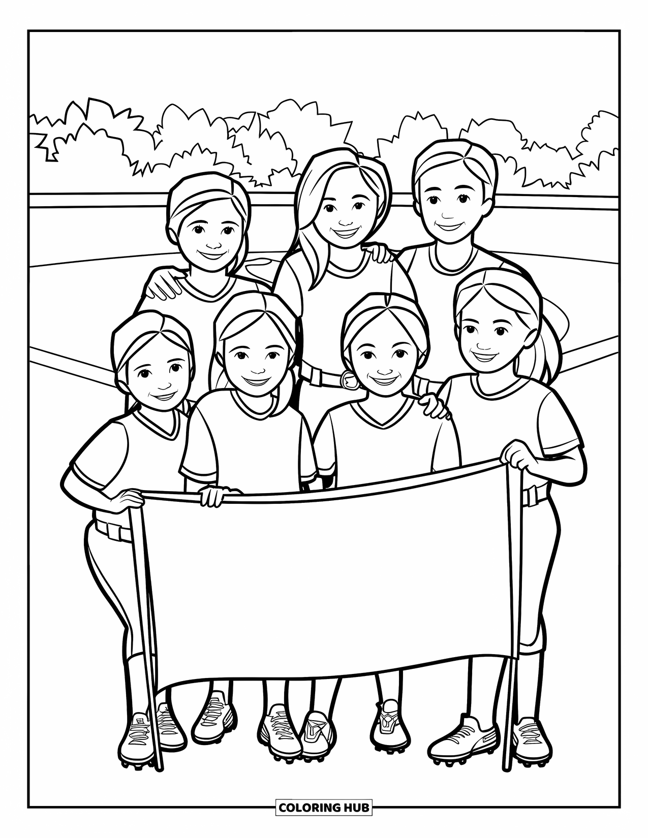 Softball Coloring Page for Kids: A happy team of kids poses together with their banner near the softball field