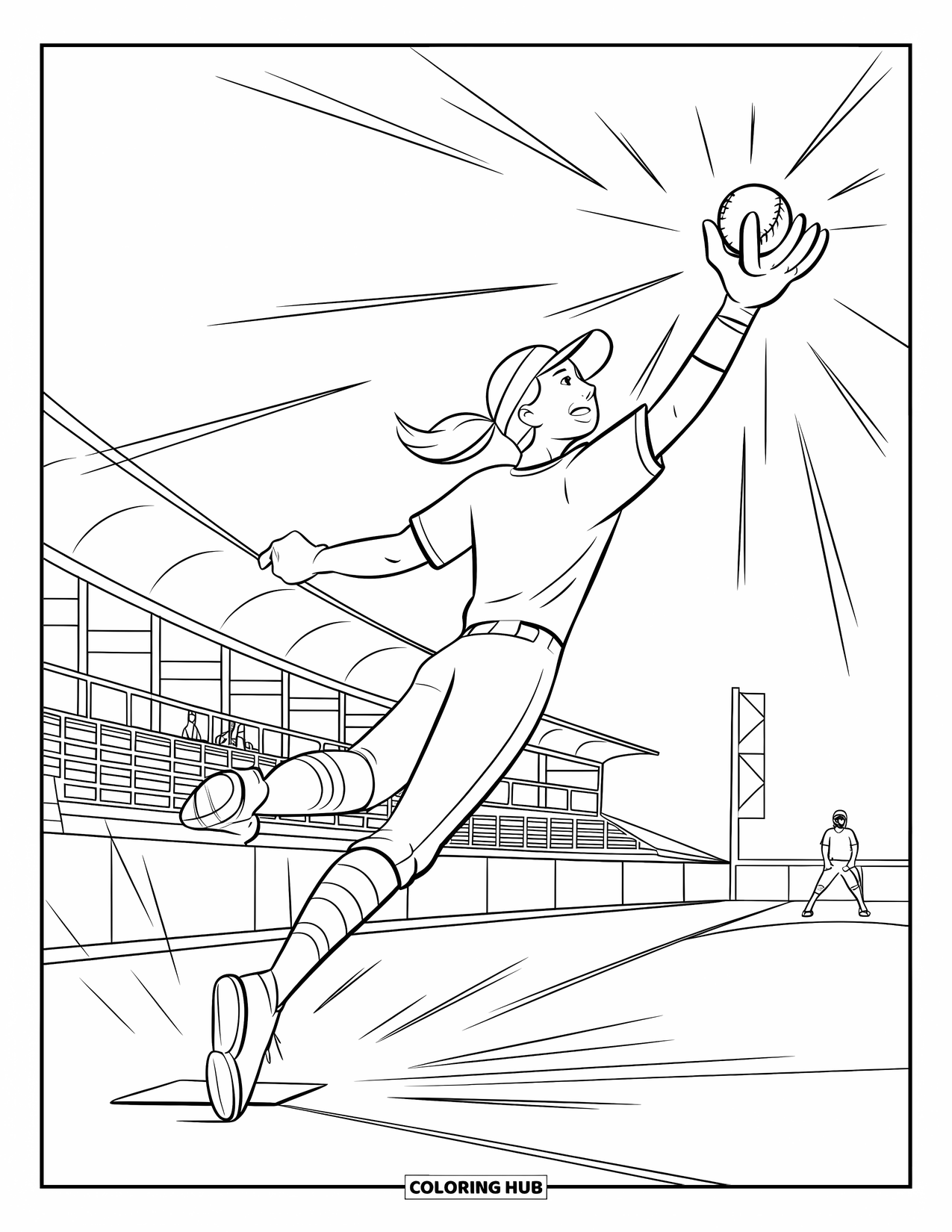Softball Coloring Page for Kids: A high-flying catch attempt fills the scene with motion and focus