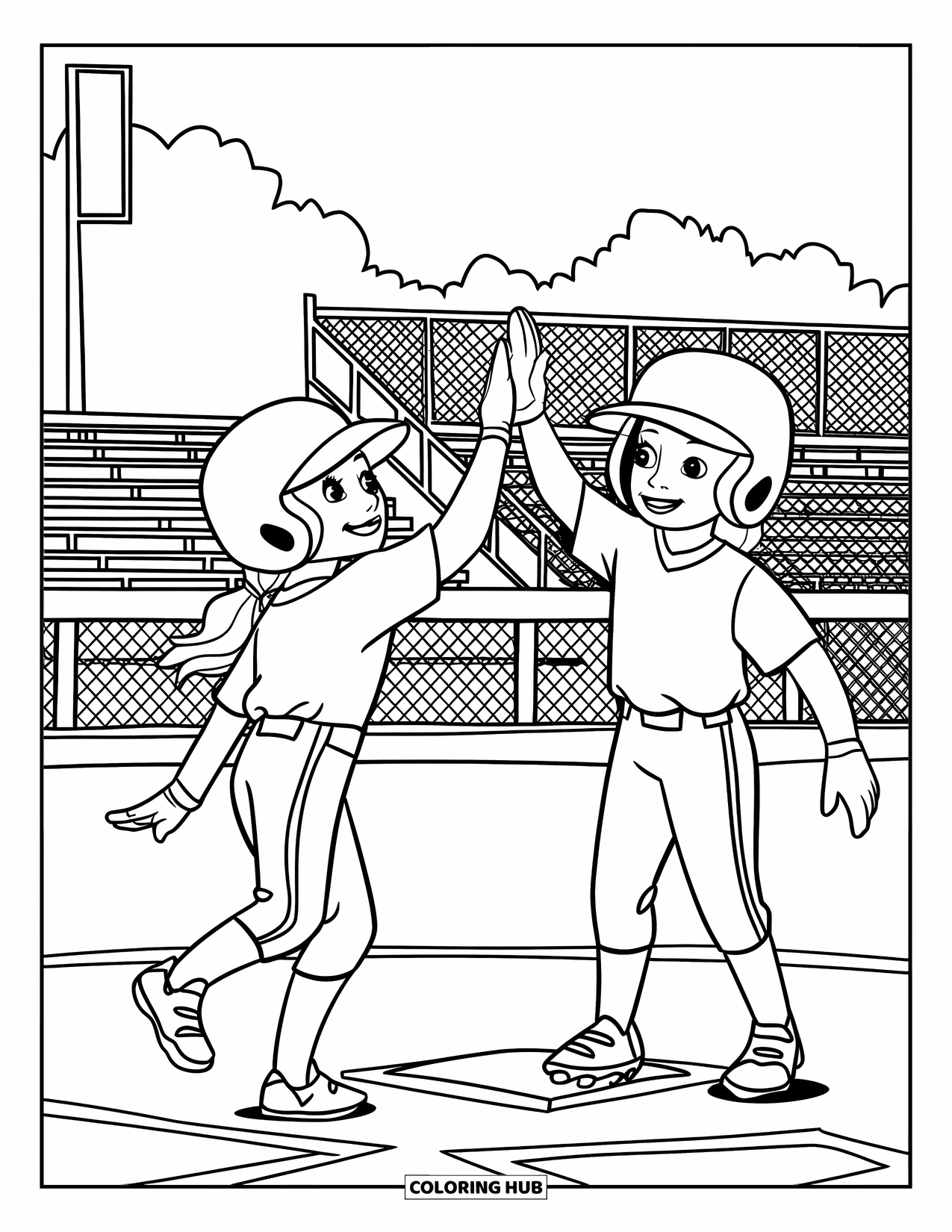 Softball Coloring Page for Kids: A joyful high-five celebrates a home run near the home plate
