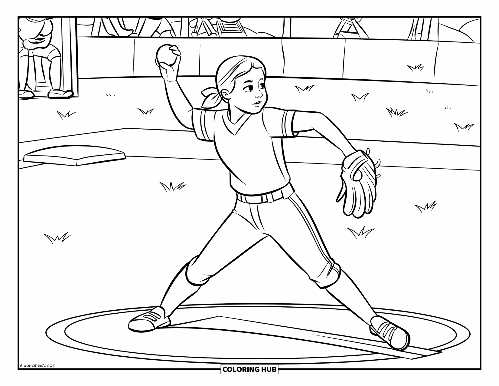 Softball Coloring Page for Kids: A pitcher with sharp focus winds up as a few spectators watch from nearby