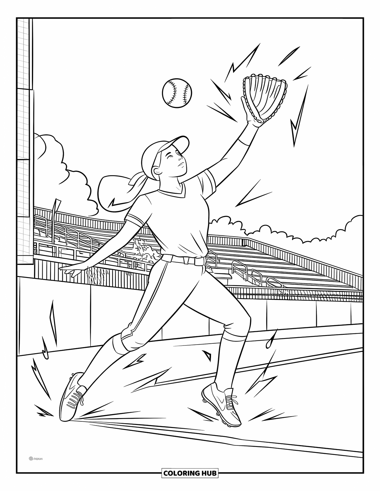 Softball Coloring Page for Kids: A player leaps high to catch a fly ball with energy lines bursting all around