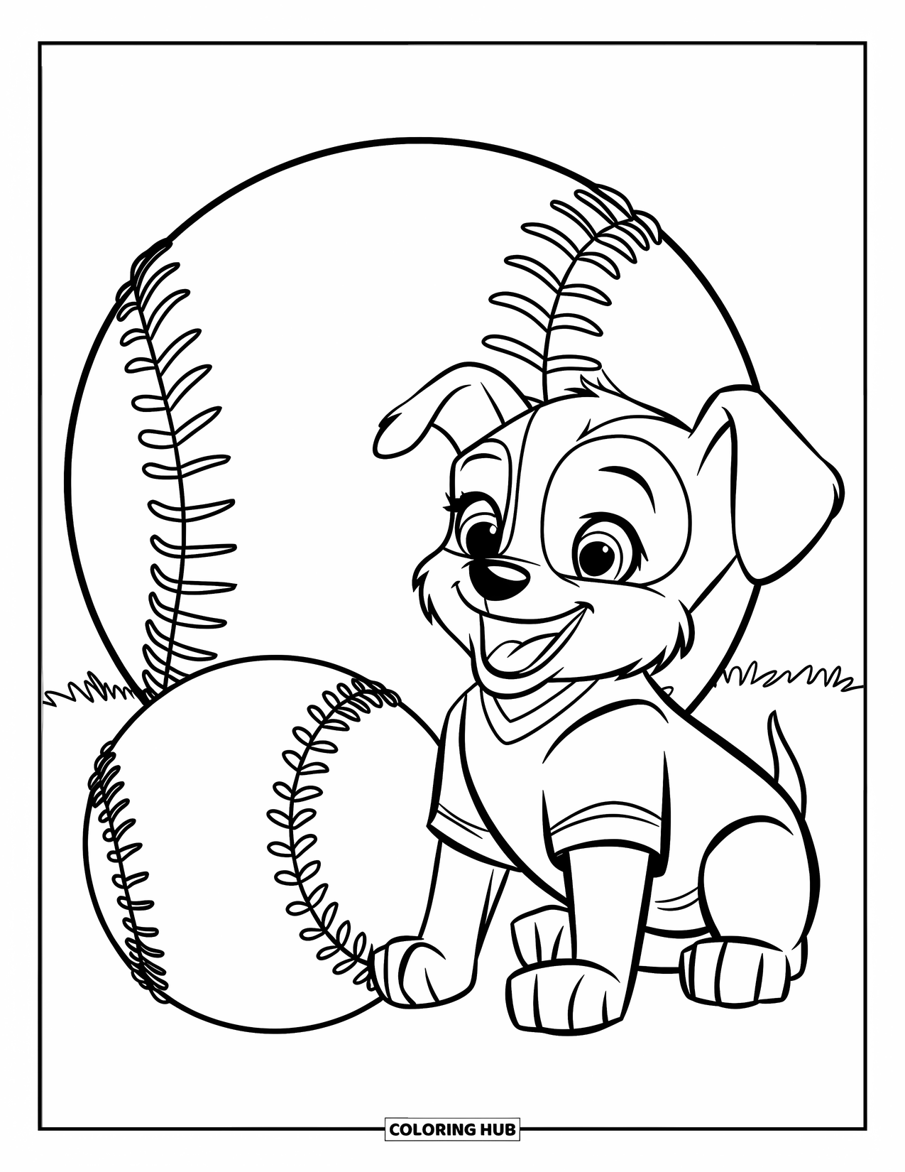 Softball Coloring Page for Kids: A puppy in a jersey sits beside a giant softball on the grass