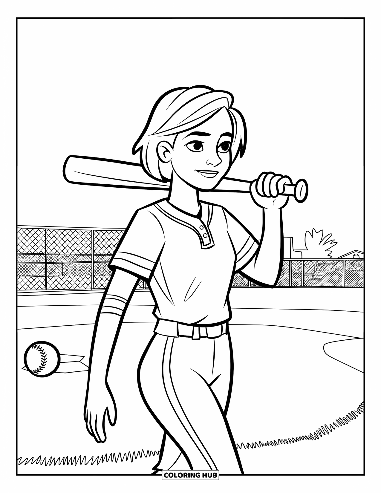 Softball Coloring Page for Kids: A short-haired teen walks toward the plate, bat on shoulder and field stretching behind