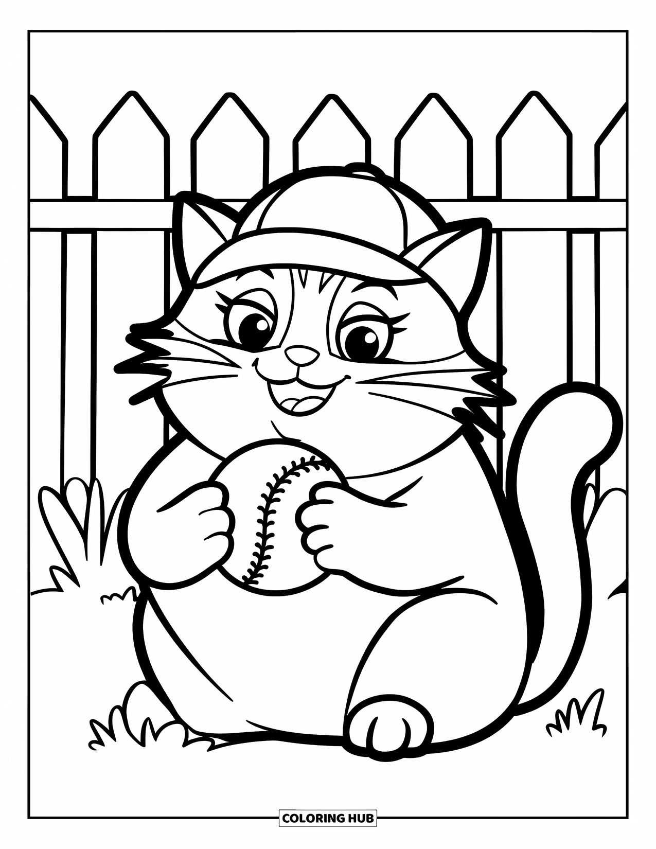 Softball Coloring Page for Kids: A smiling cat in a cap holds a ball with a fence behind the field